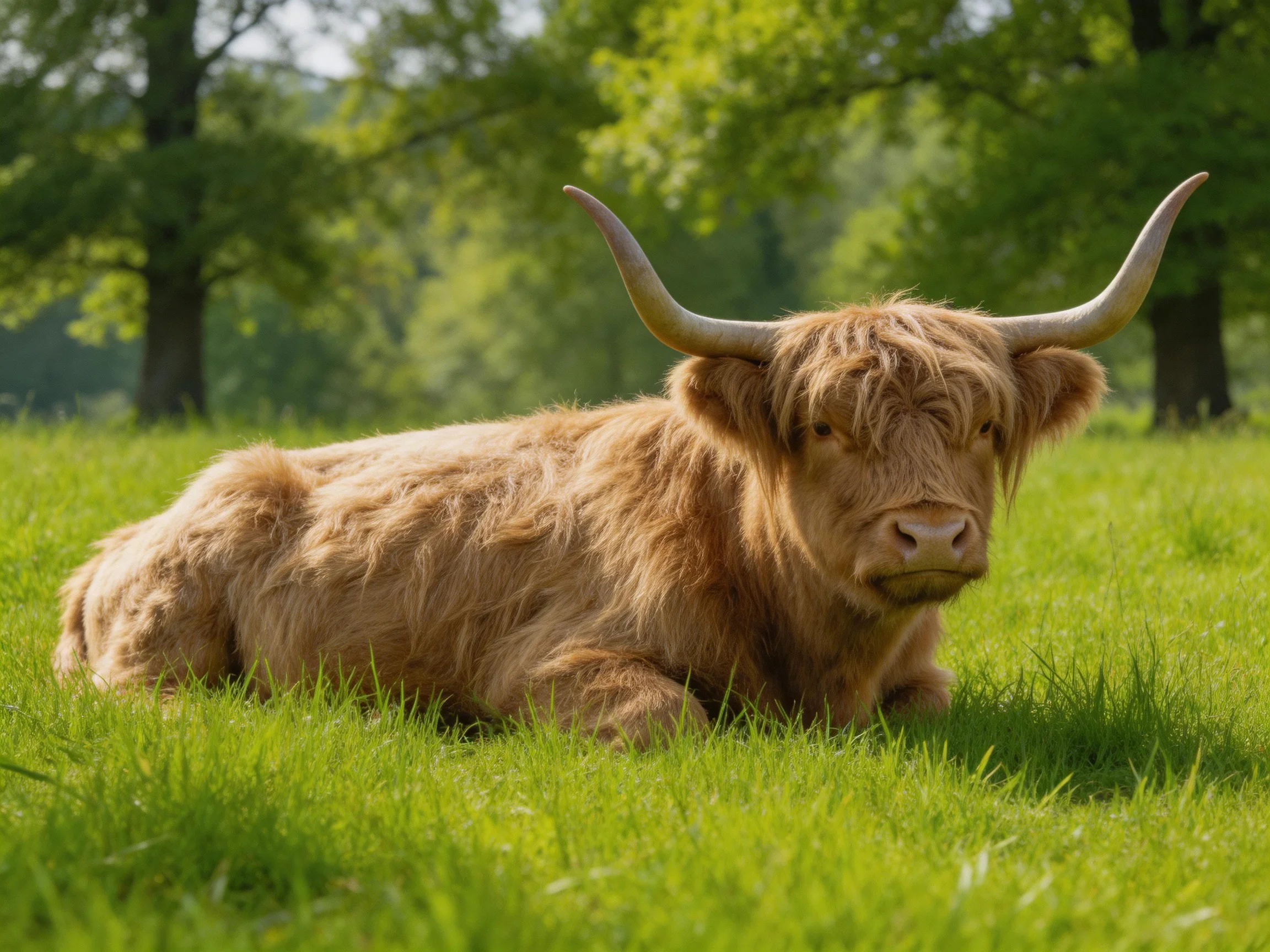 A brown shaggy Highland cow rests in a vibrant green meadow
