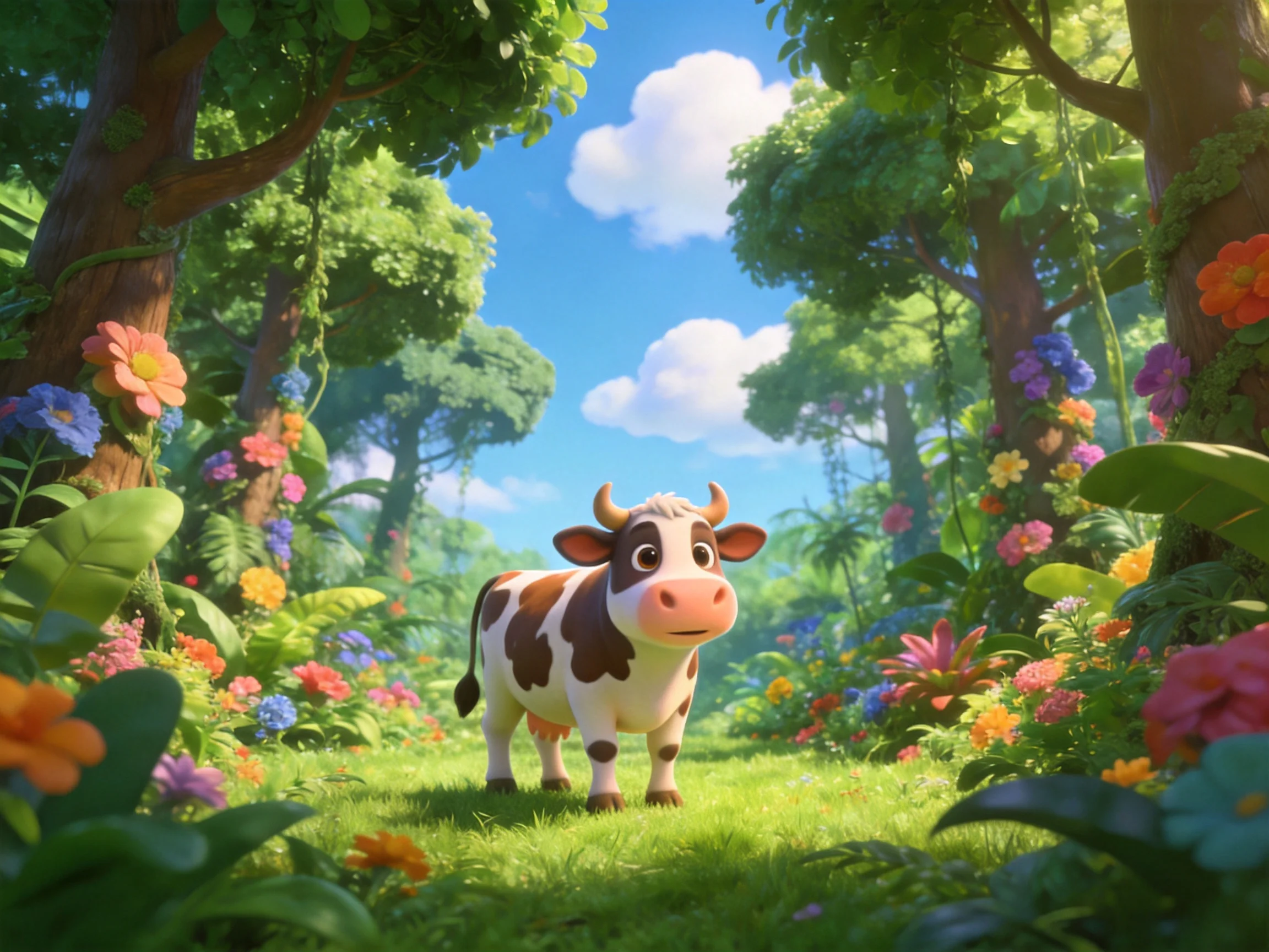 A brown-spotted cow stands among vibrant flowers and dense trees