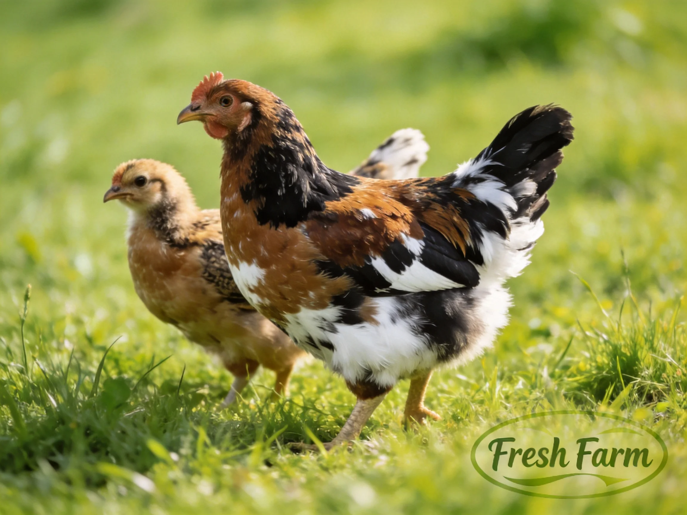 A brown-spotted hen and yellow chick wander through lush green grass