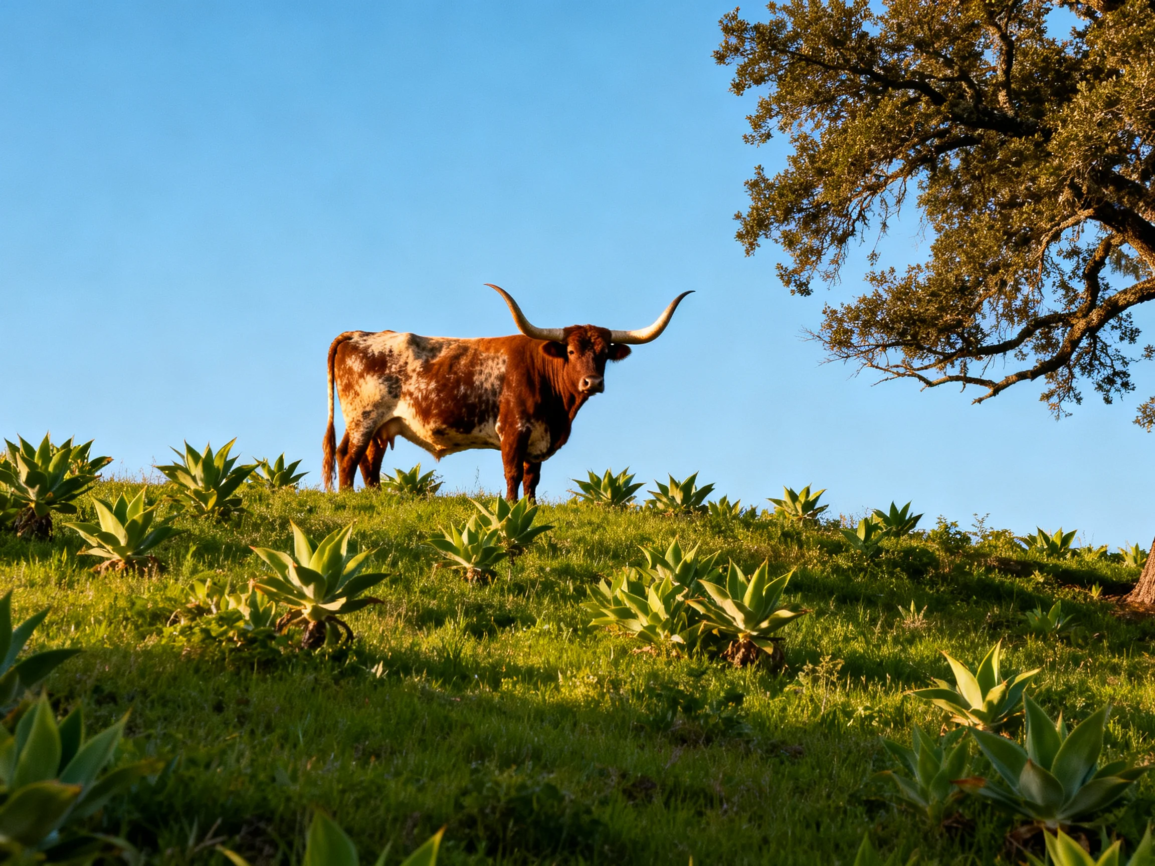 A longhorn cow with large horns stands on a grassy hill under a clear blue sky.