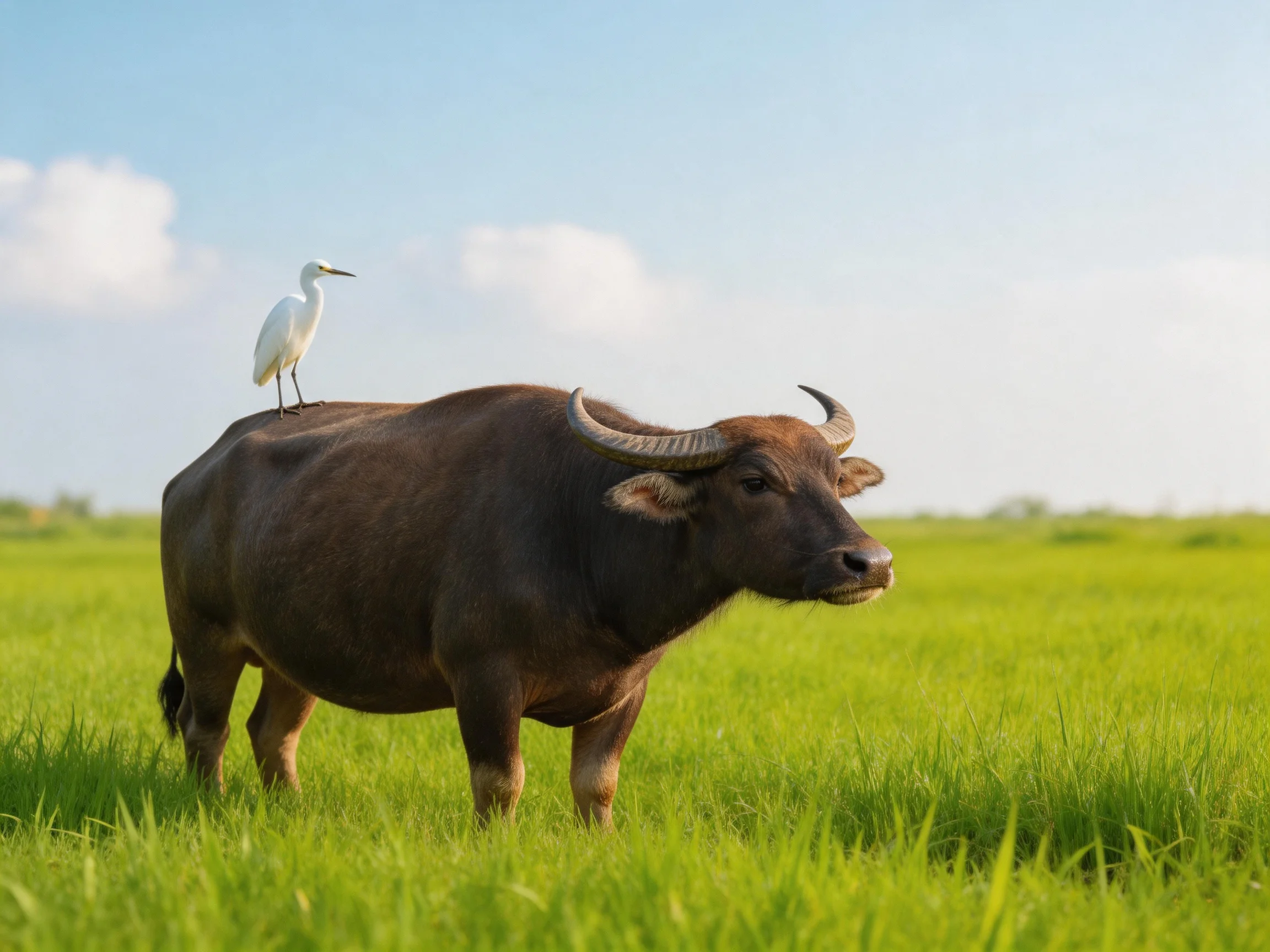 A brown water buffalo stands in a lush green field with a white egret perched on its back