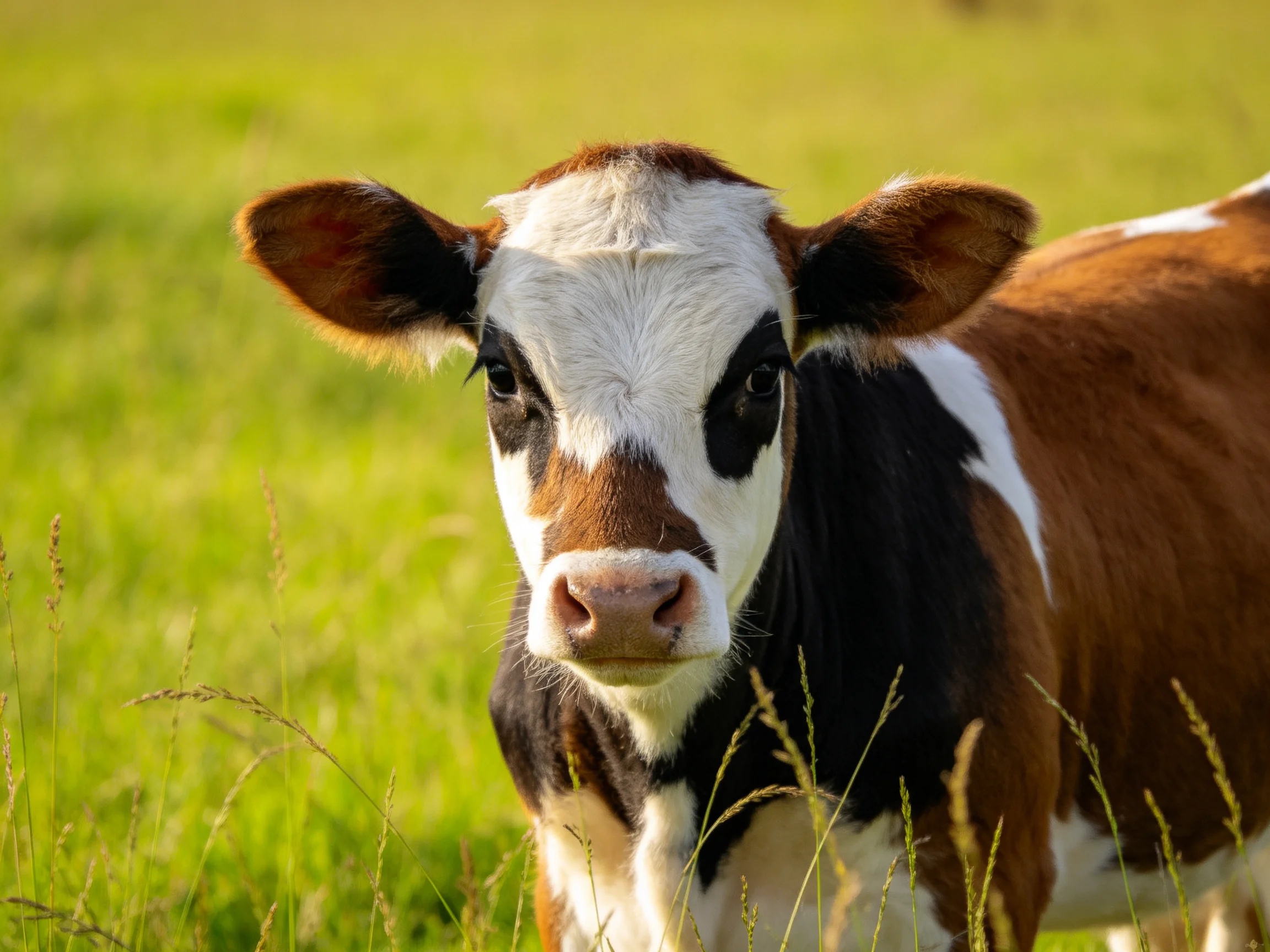 A brown, white, and black calf in a sunlit green meadow