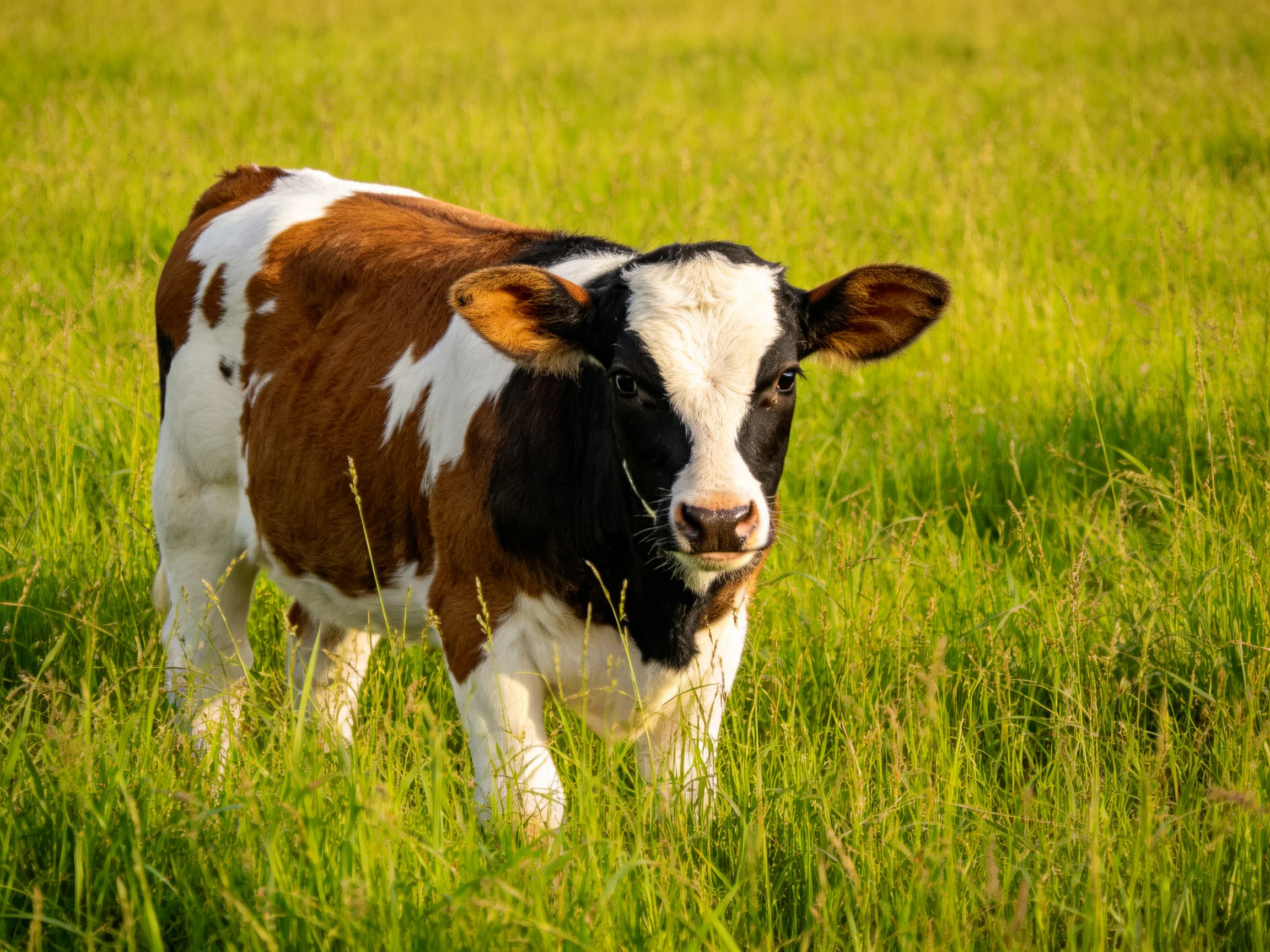 A brown, white, and black calf stands in lush green grass