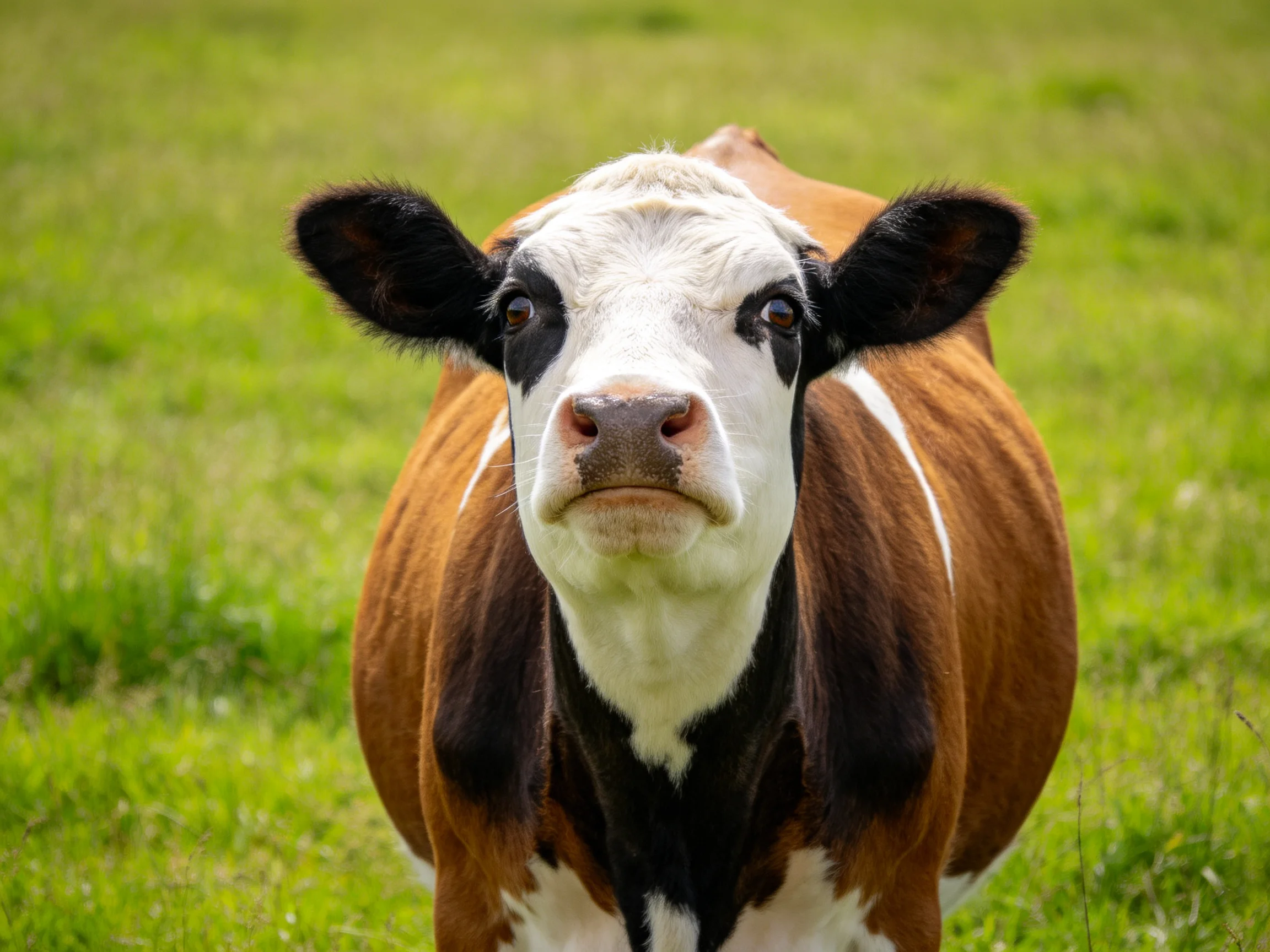 A brown, white, and black cow gazes directly into the camera amidst a sun-dappled green meadow.