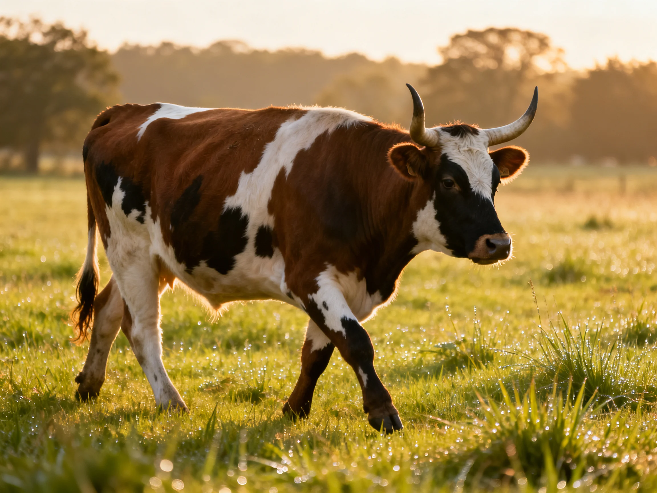 A brown, white, and black horned cow walking in dewy green pasture