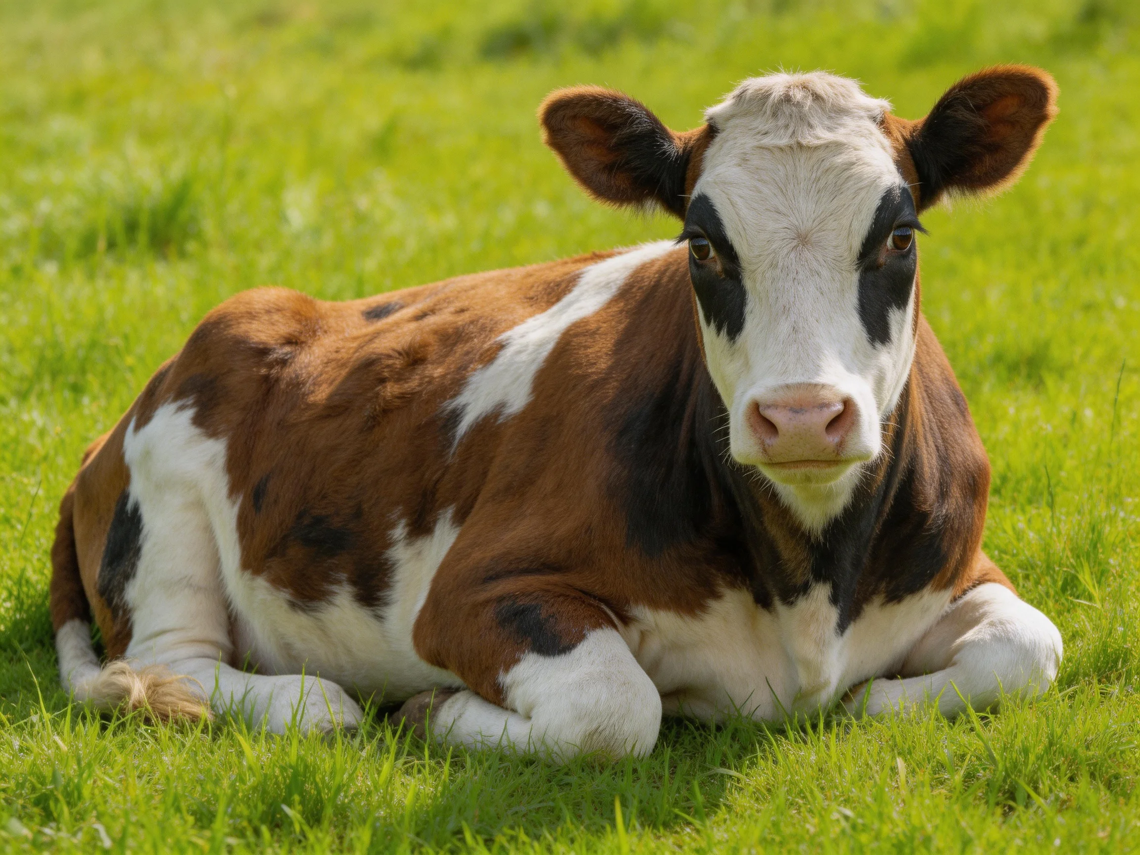 A brown, white, and black spotted calf resting on lush green grass
