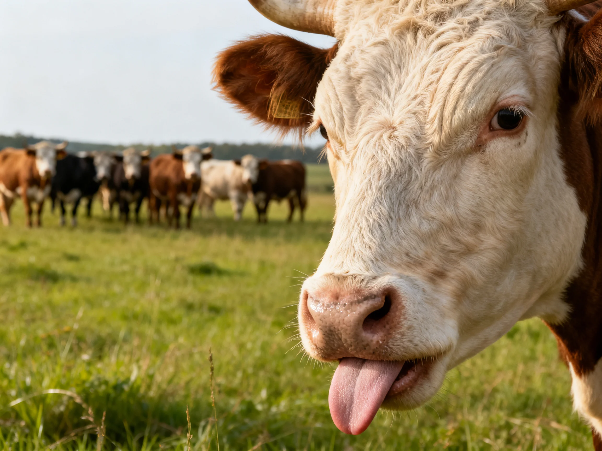 A brown - white cow licks its tongue near a colorful herd in a green pasture