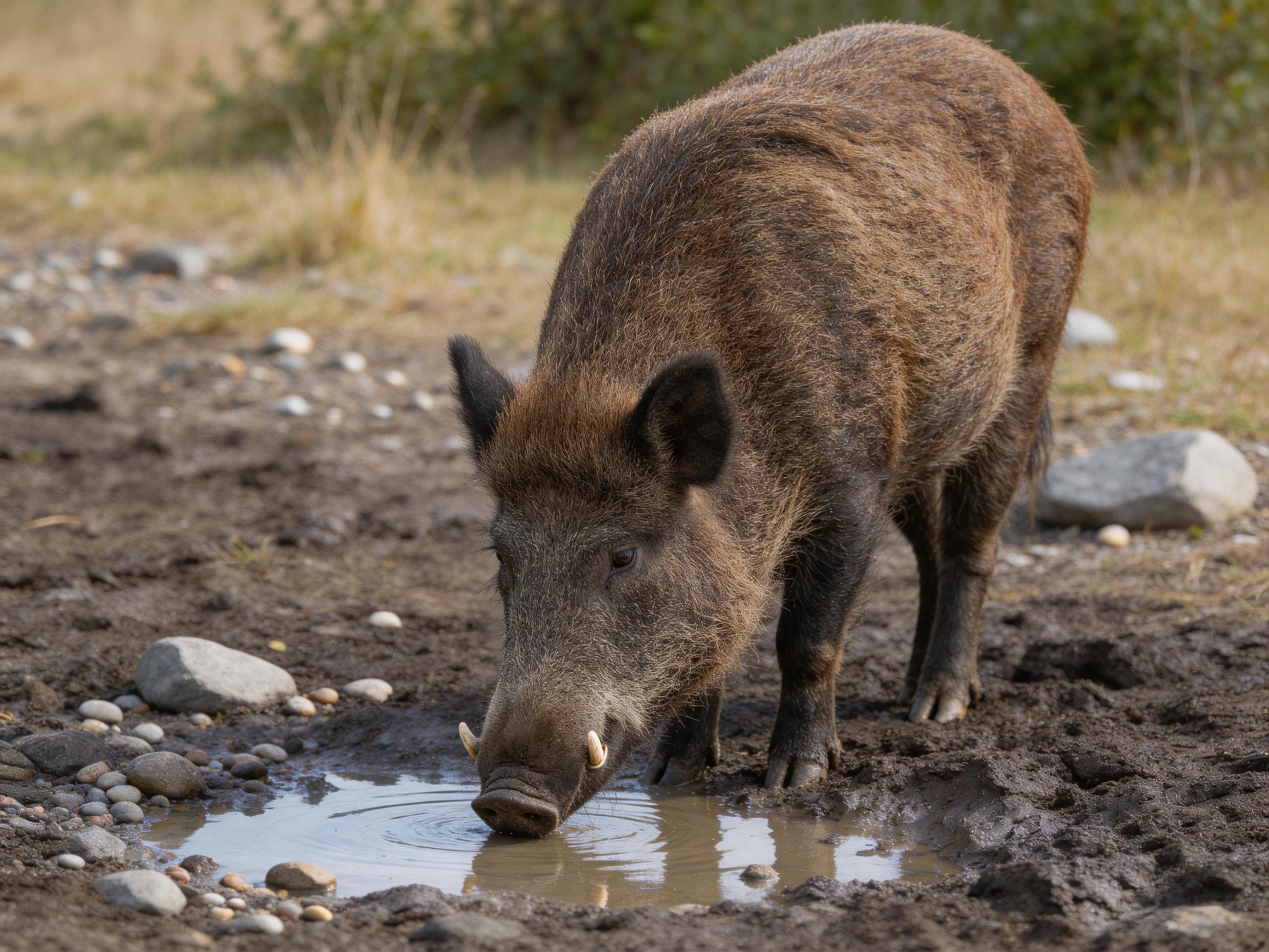 A brown wild boar drinks from a muddy puddle near scattered rocks