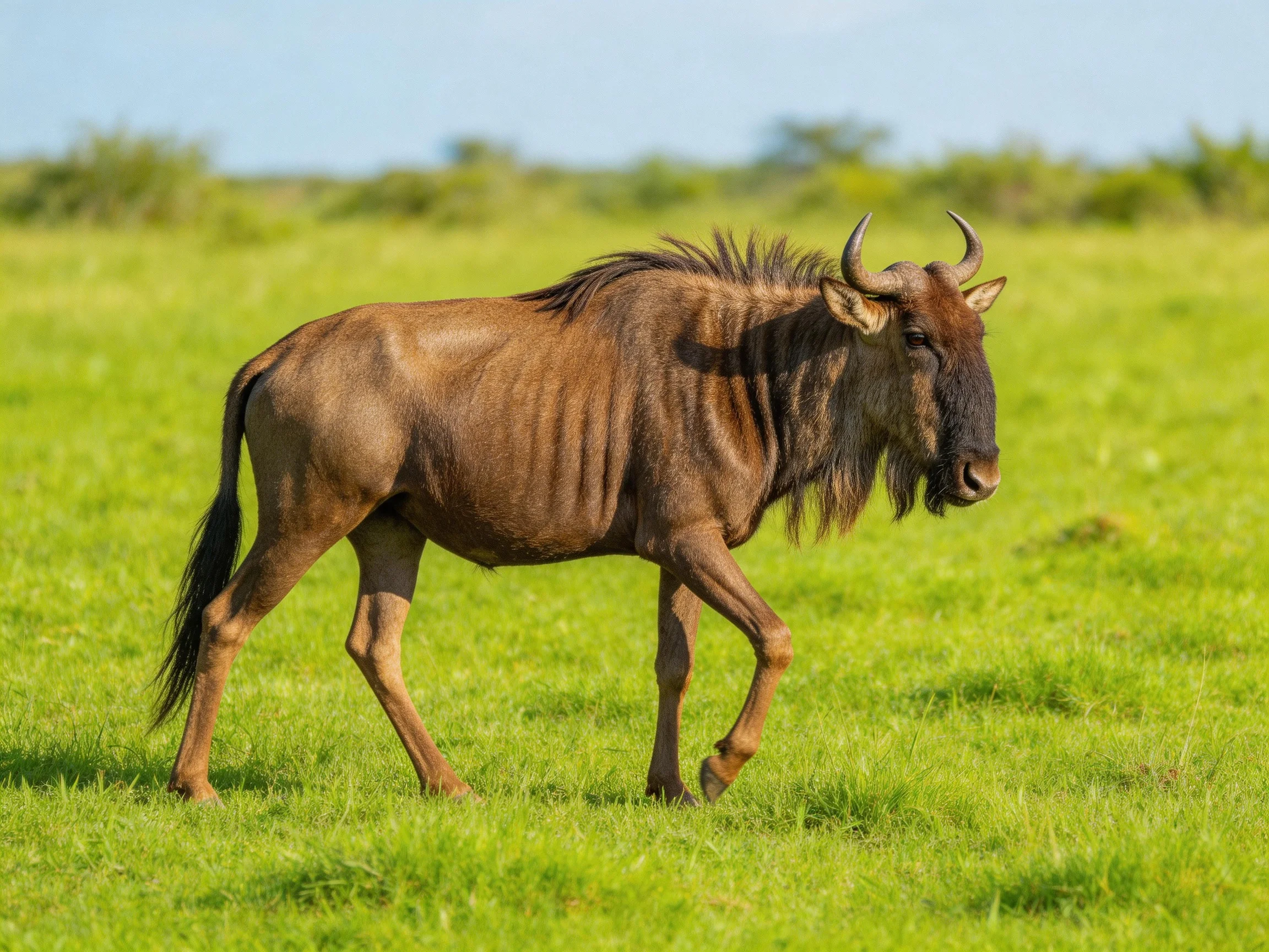 A brown wildebeest roams through verdant savannah grass