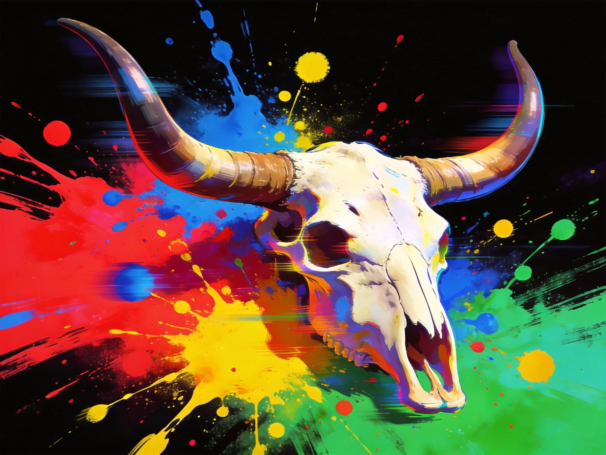 A bull skull with large curved horns and colorful paint splatters