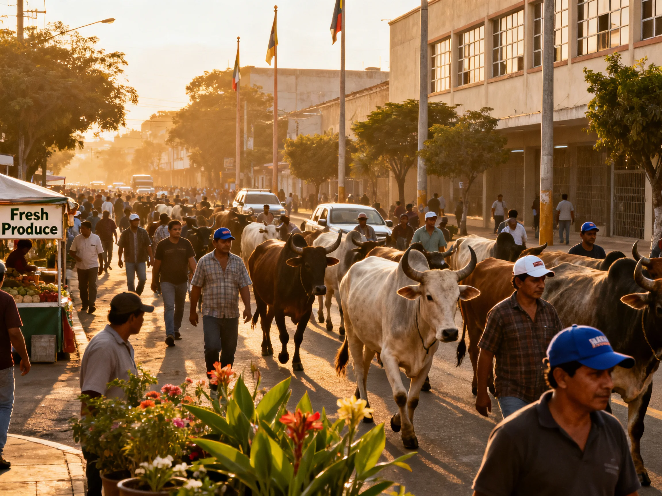 A busy town street with cattle, pedestrians, and a fresh produce cart at sunset
