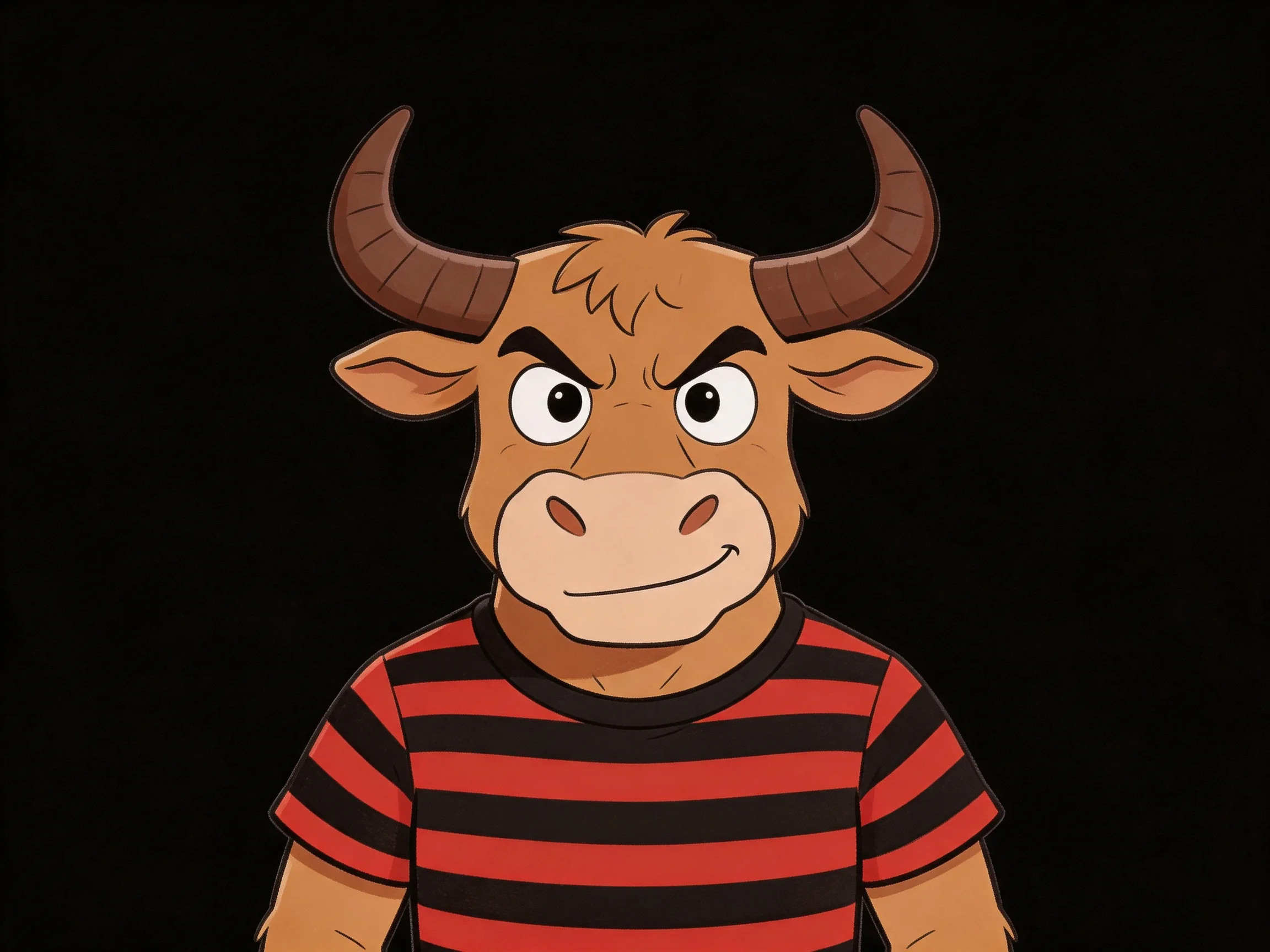 A cartoon brown bull with large curved horns in a red-black striped shirt