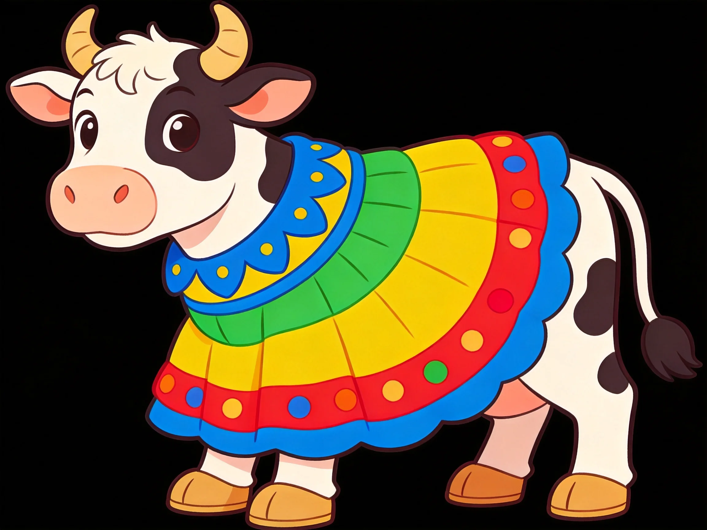 A cartoon cow wearing a vibrant, multi-colored layered dress