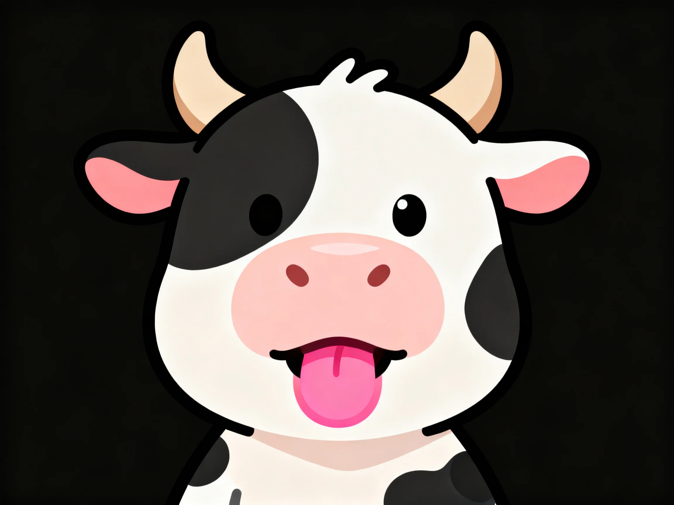 A cartoon cow with black and white patches, pink ears, and tongue sticking out