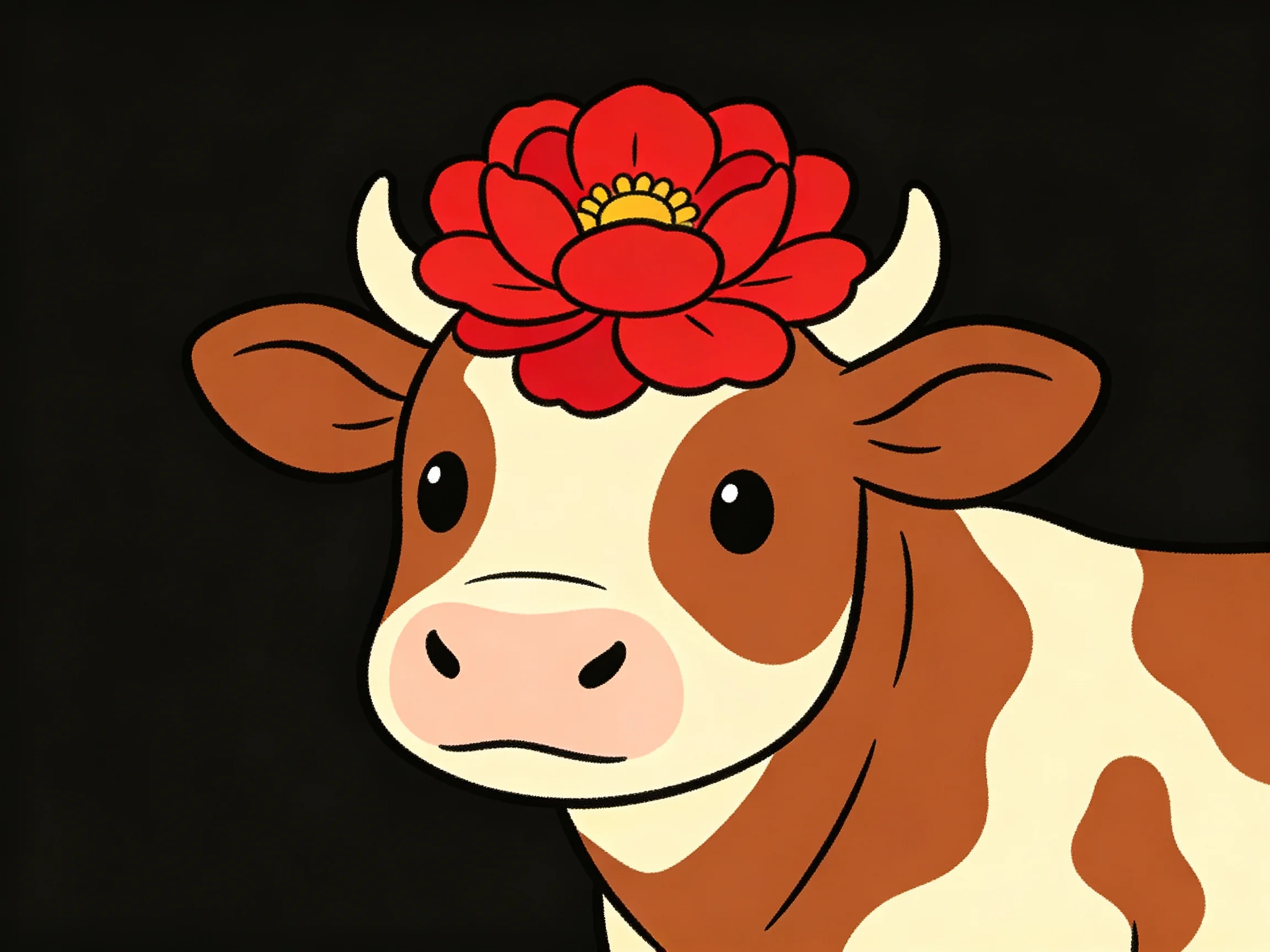 A cartoon cow with brown and white patches adorned with a large red flower