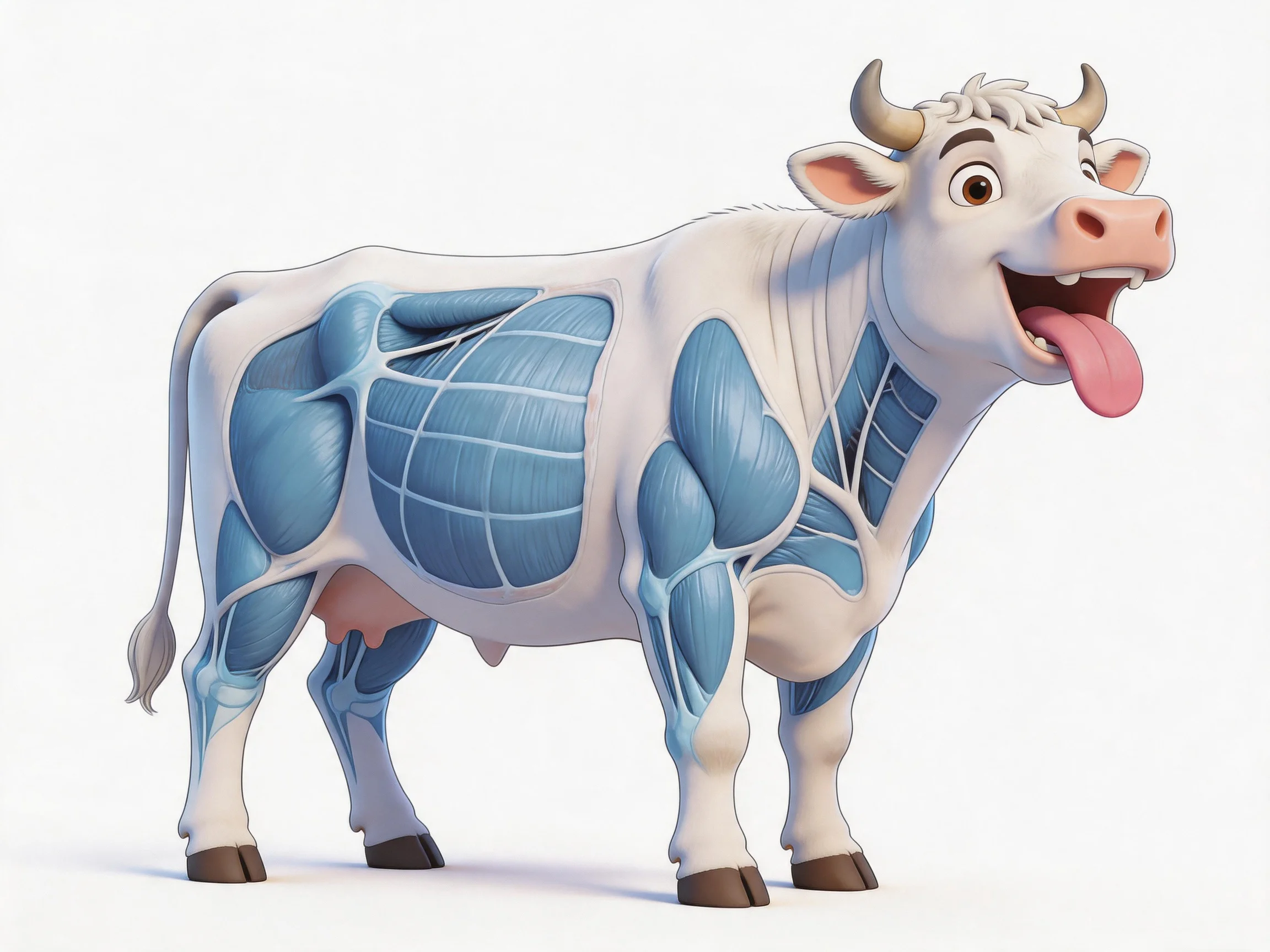 A cartoon cow with exposed blue muscle anatomy