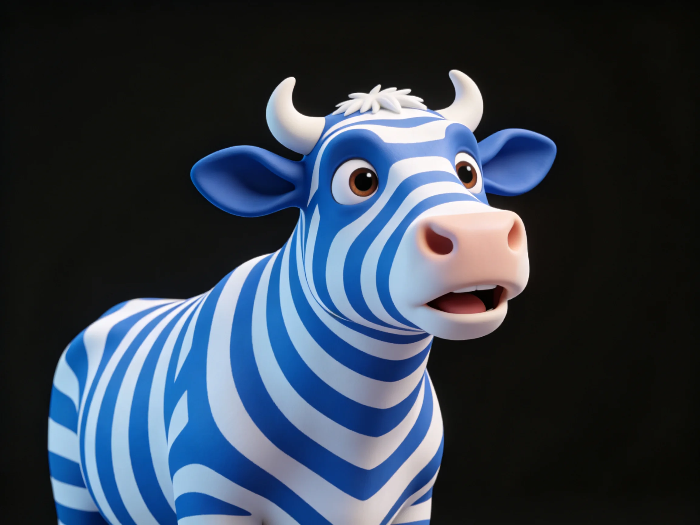 A cartoon cow with striking blue and white stripes on a black backdrop
