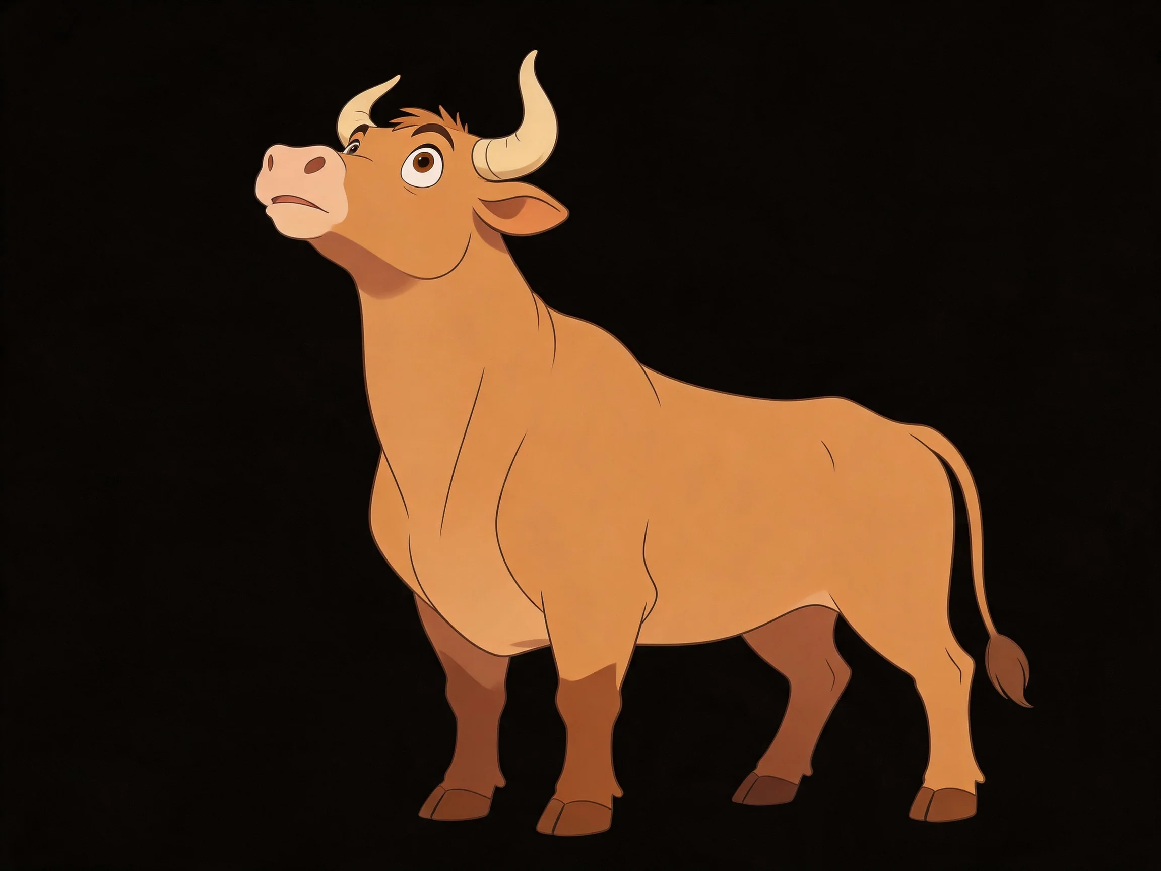 A cartoon-styled brown bull with curved horns on a black background