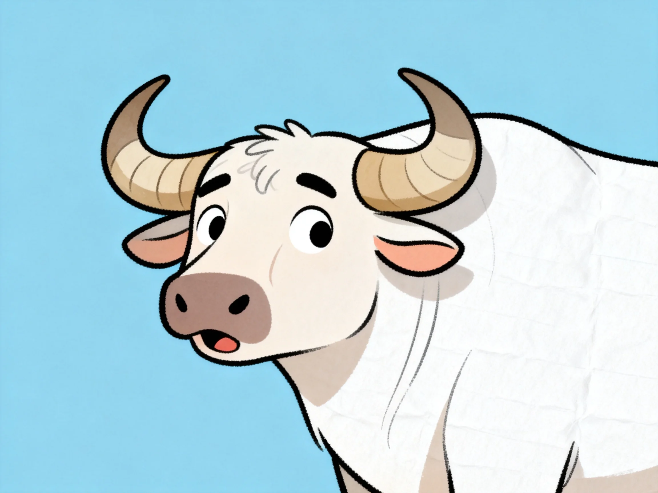 A cartoon white cow with large curved horns on a solid blue backdrop