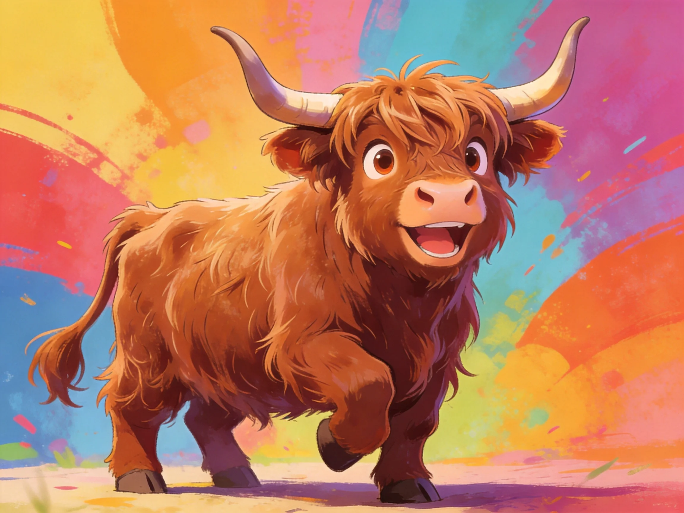 A cheerful Highland cow with shaggy brown fur against vibrant abstract backdrop