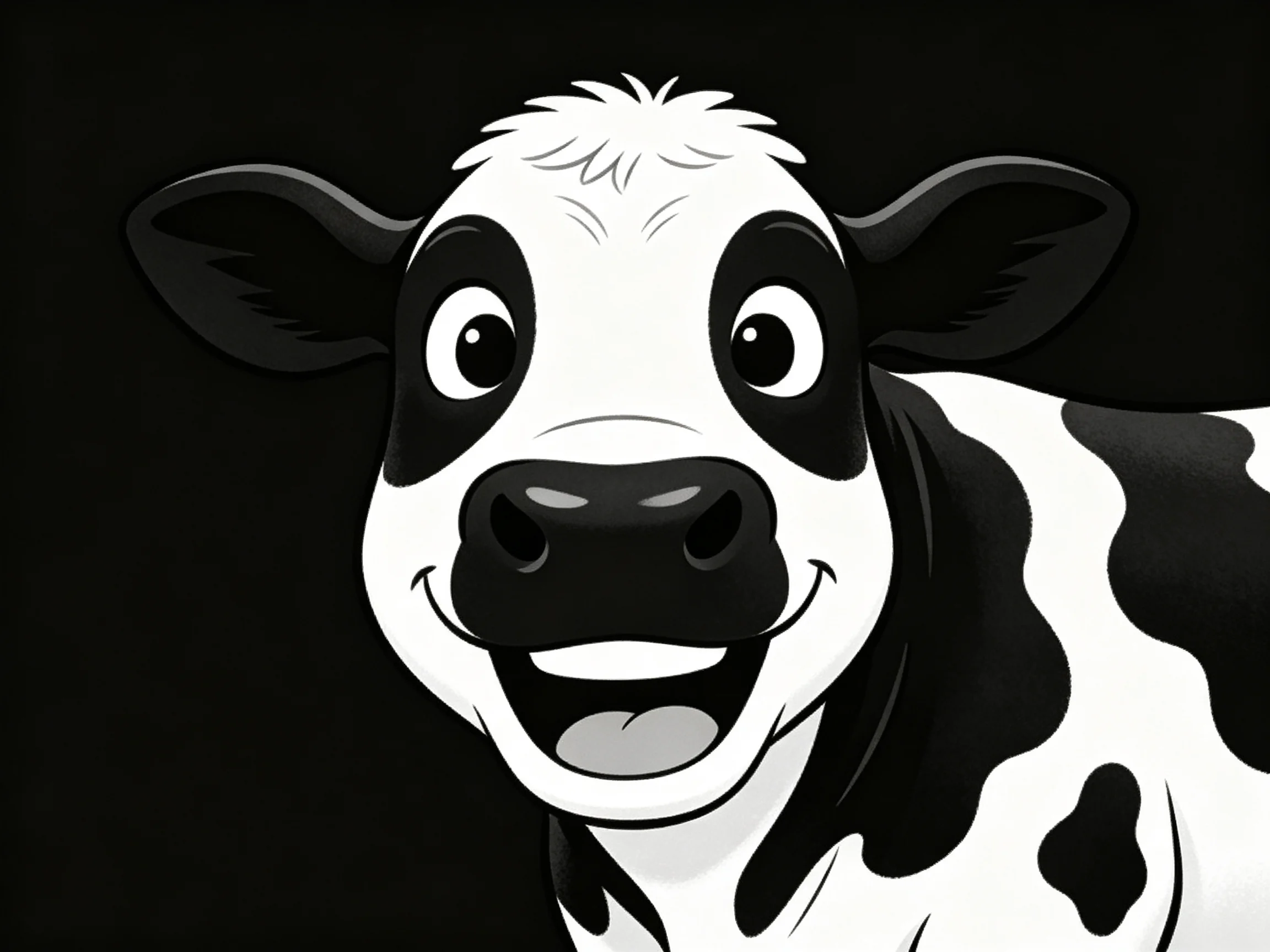 A cheerful black and white cartoon cow with large eyes and spotted patterns