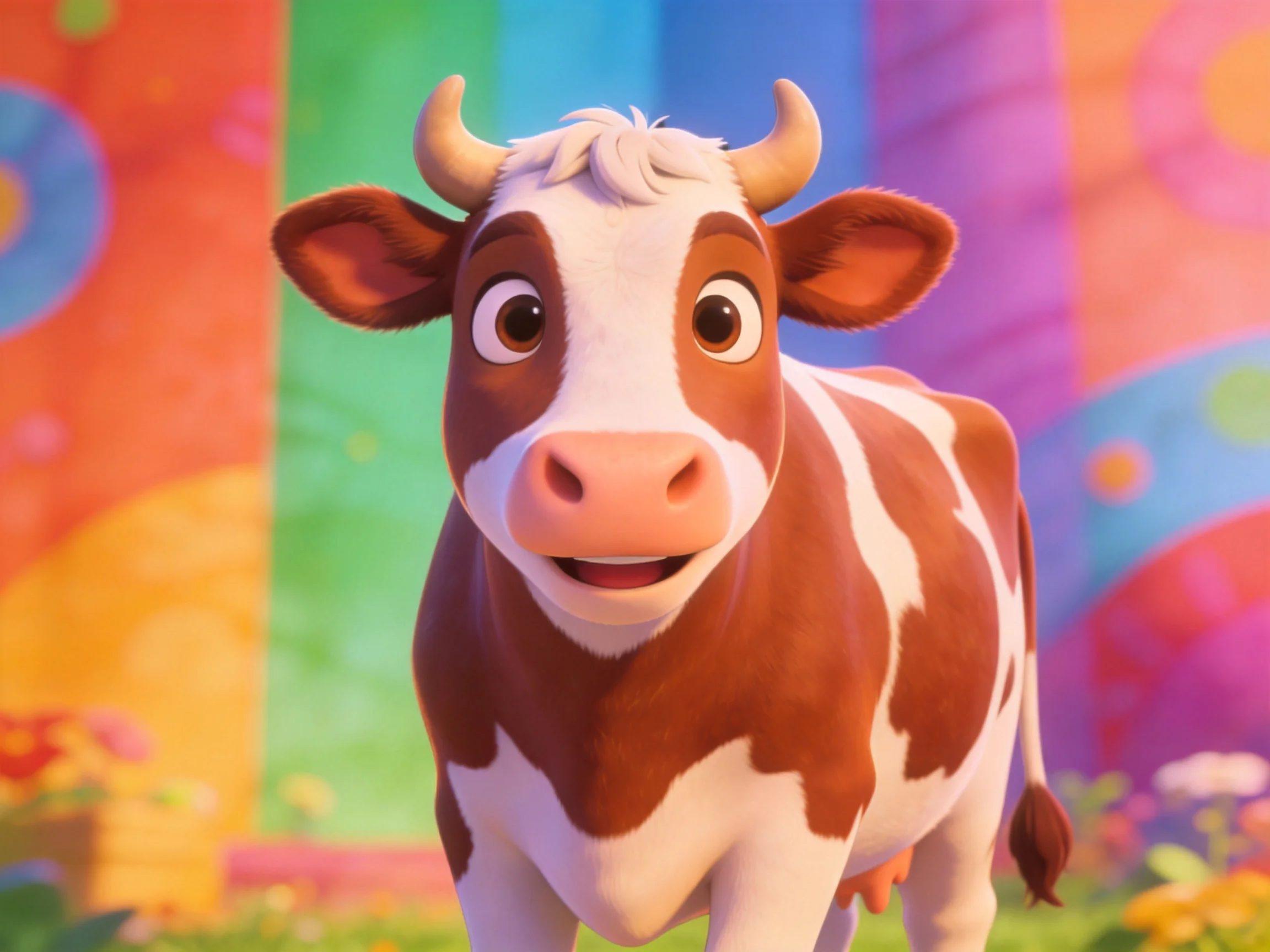 A cheerful brown-and-white cartoon cow against vibrant rainbow backdrop