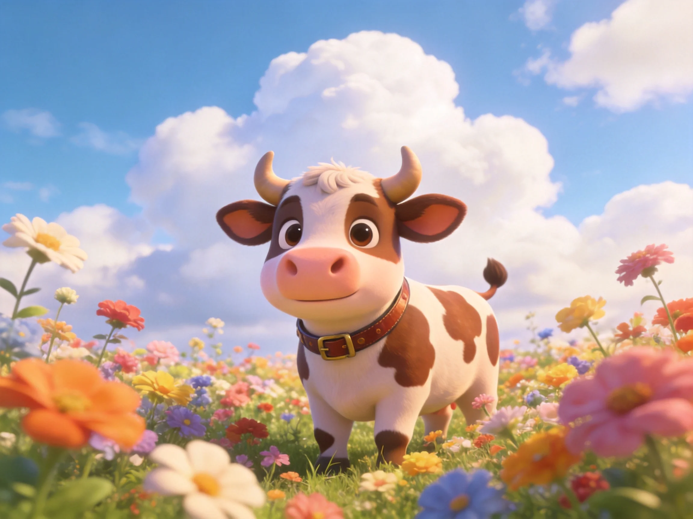 A cheerful brown-and-white cow stands among colorful flowers under bright blue skies