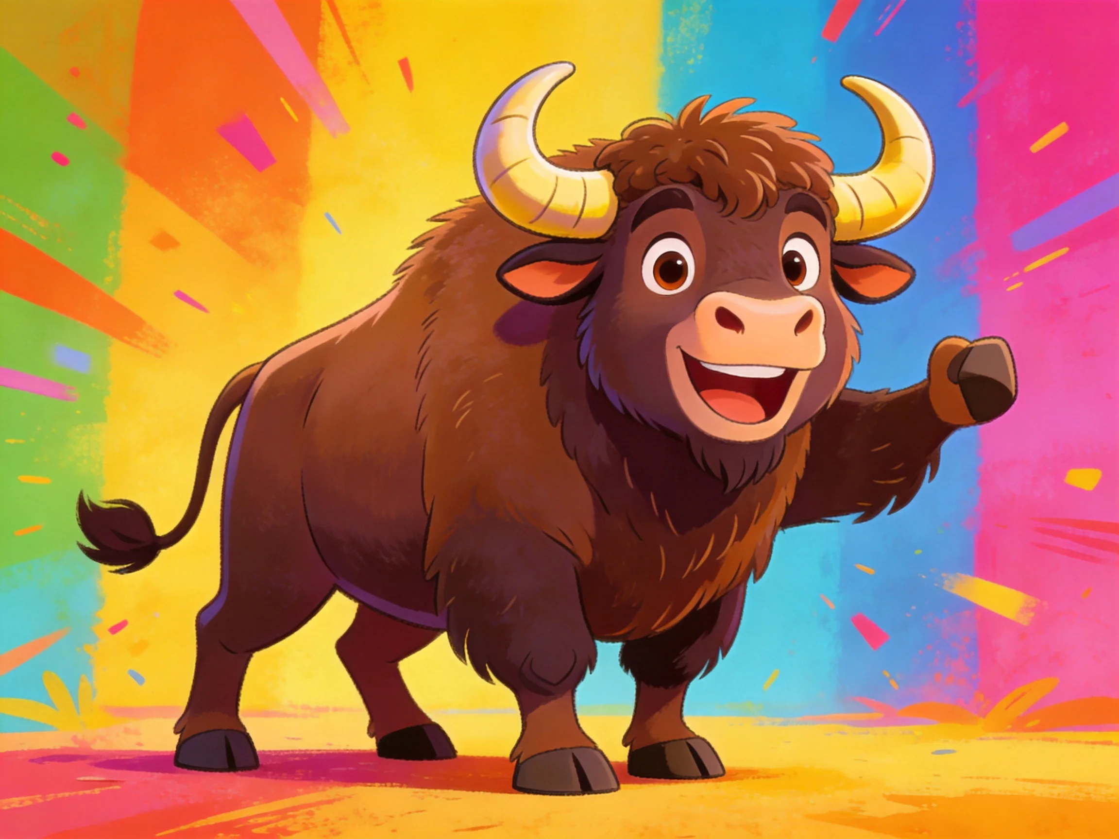 A cheerful brown bovine with golden horns amidst vibrant multicolored rays