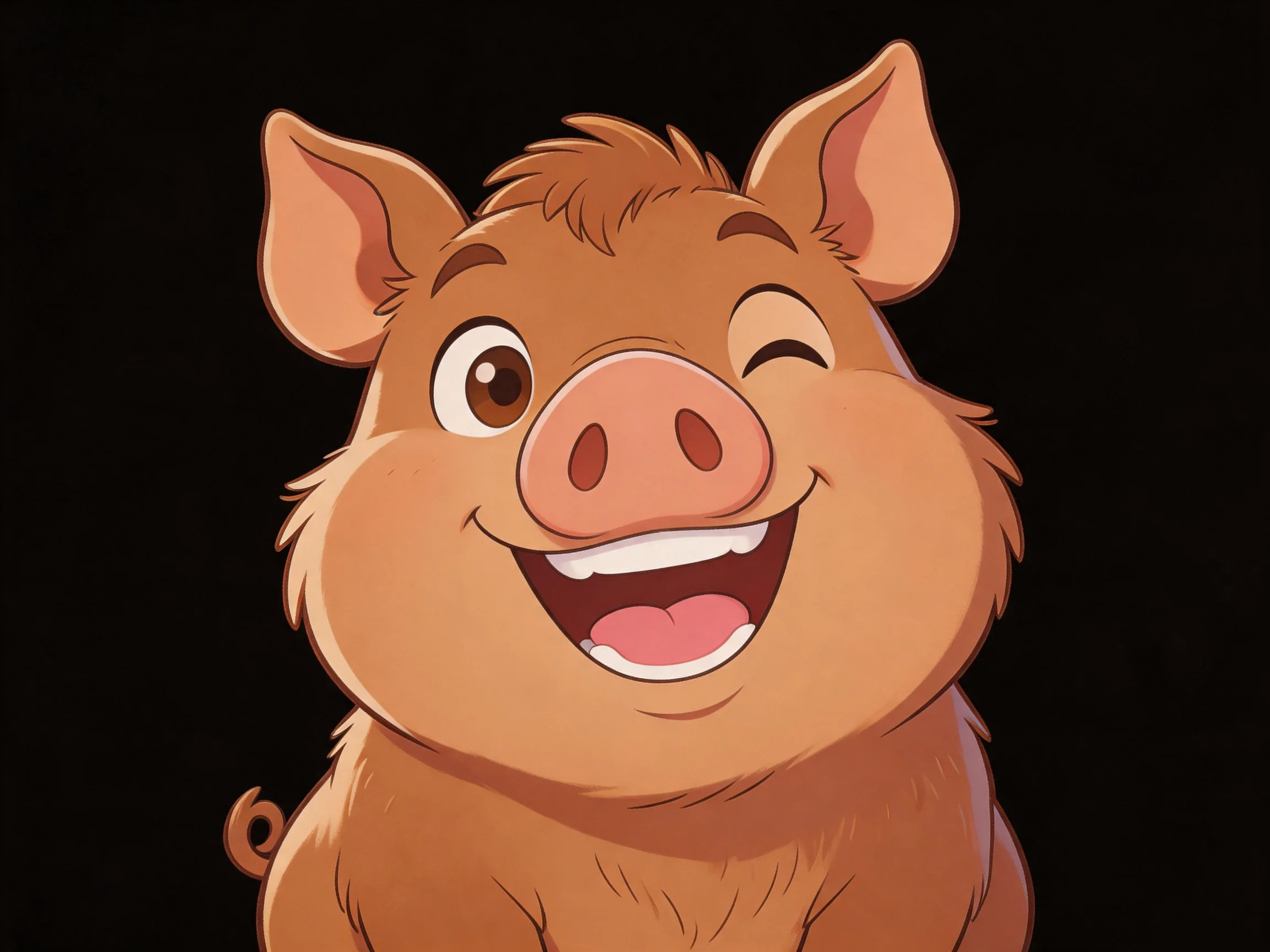 A cheerful brown cartoon pig winking with open mouth