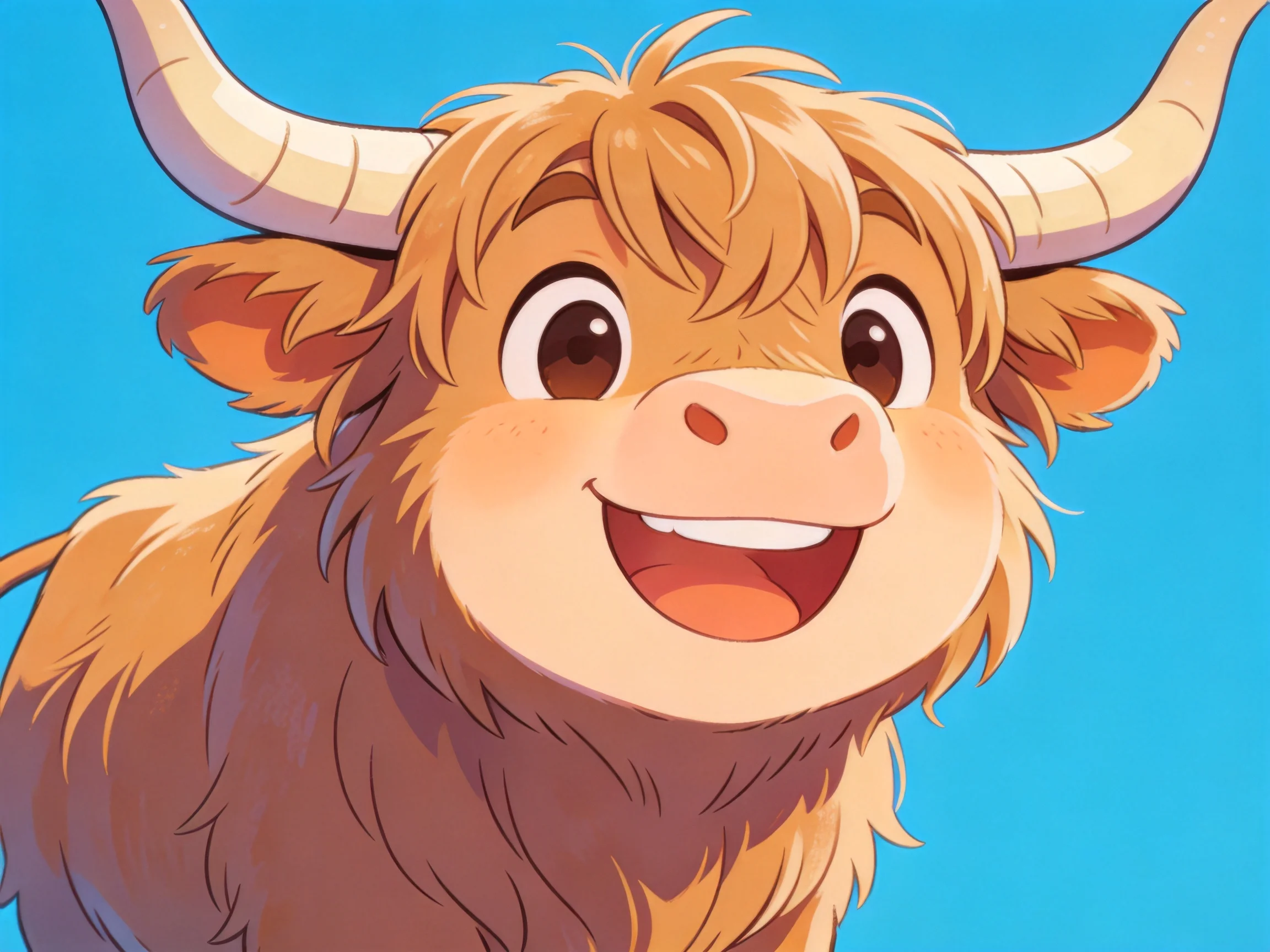 A cheerful cartoon Highland cow with shaggy brown fur and large curved horns against a bright blue ba