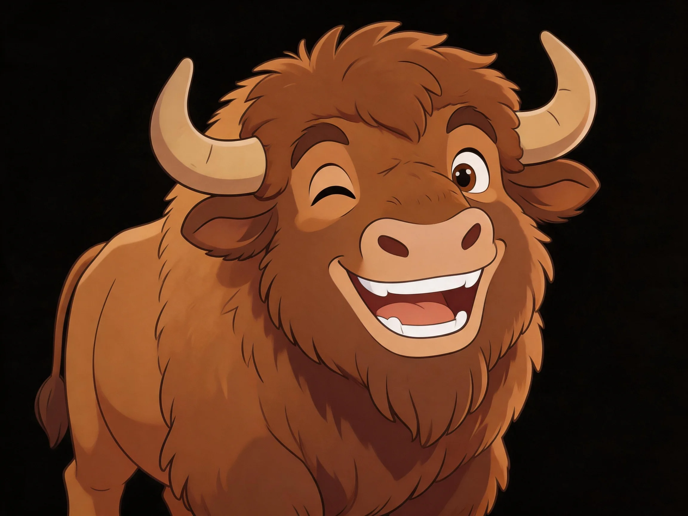 A cheerful cartoon bison with thick brown fur and curved horns