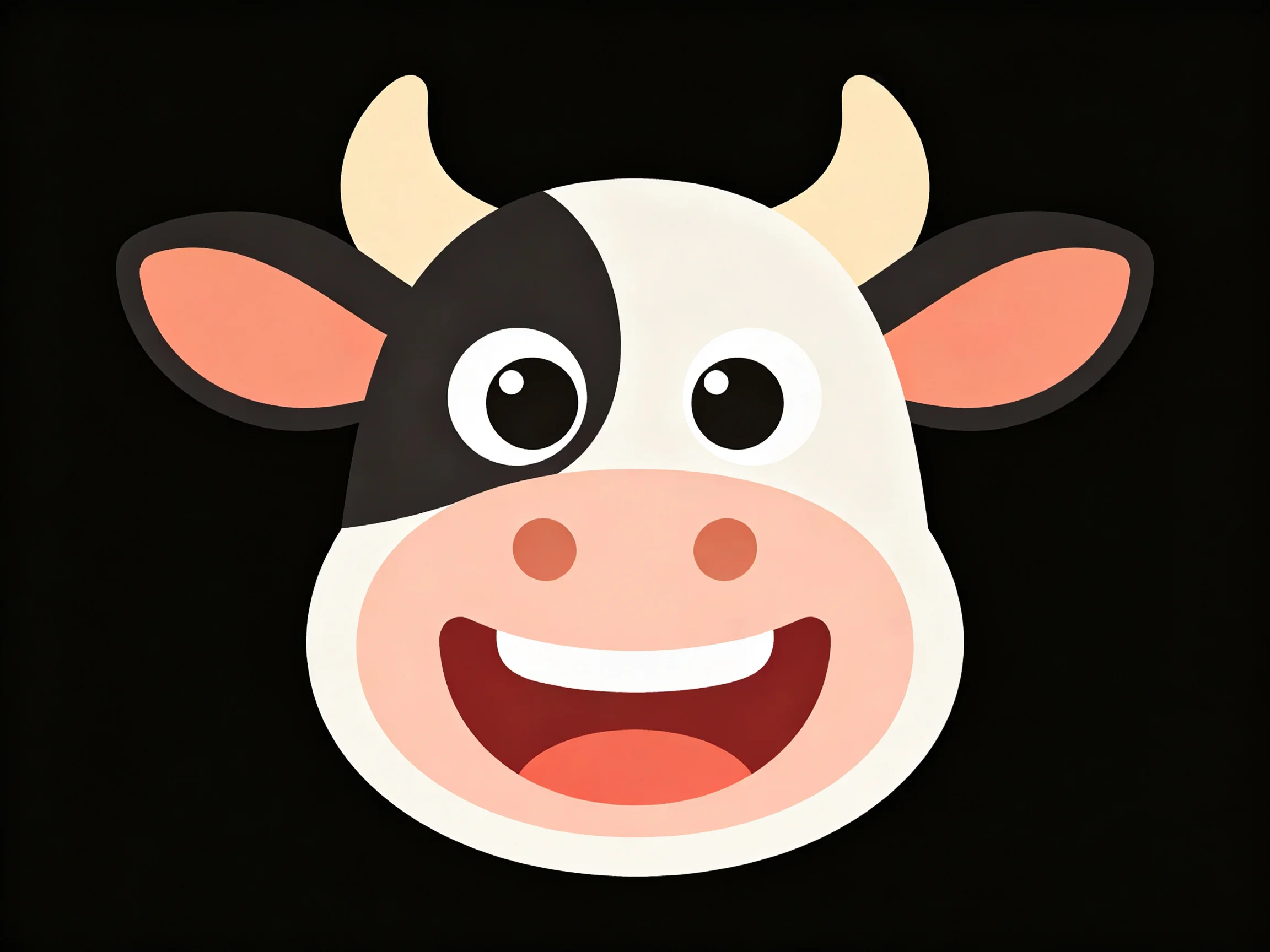 A cheerful cartoon cow head with black, white, and pink accents