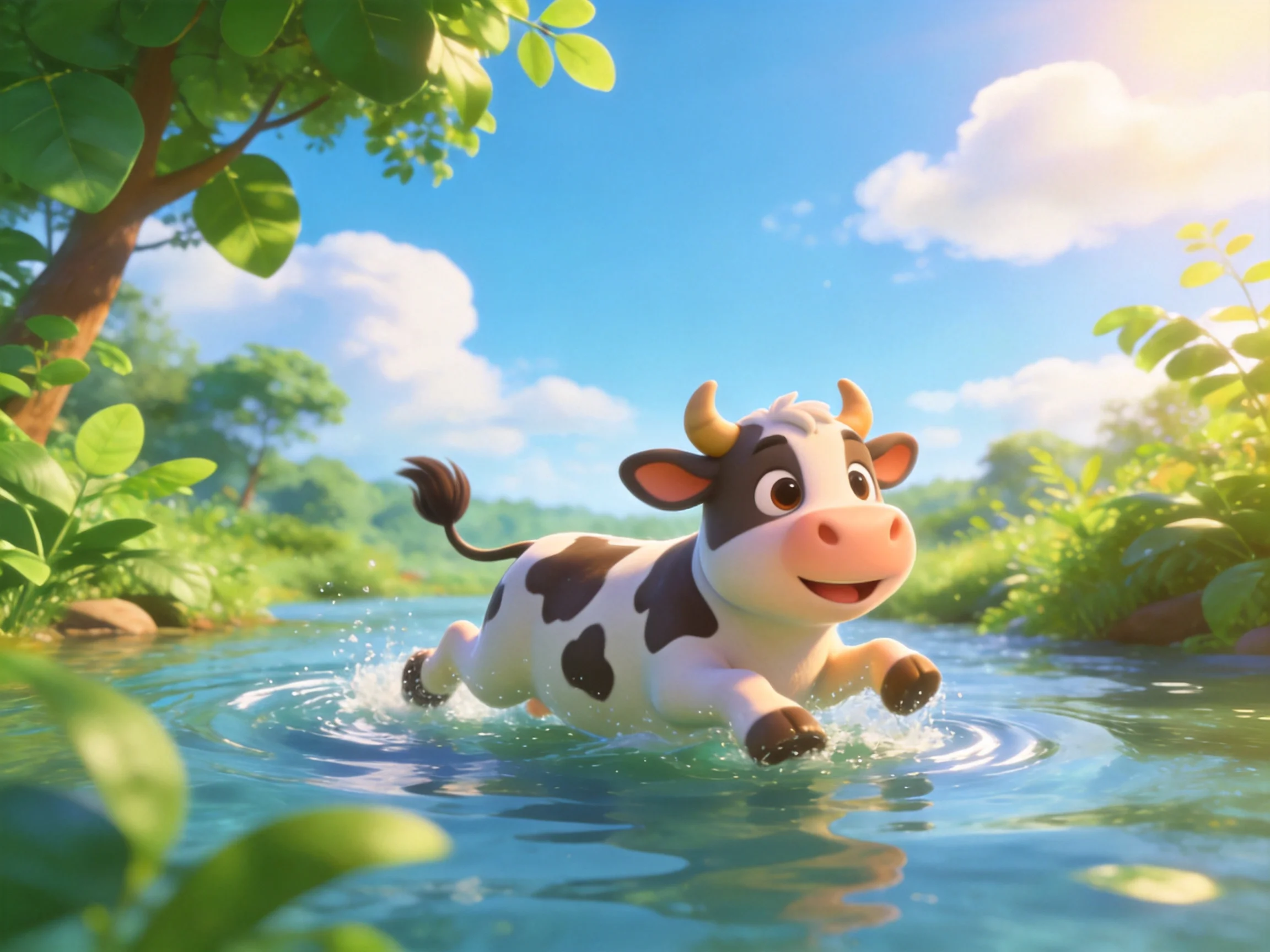 A cheerful cartoon cow splashing through a clear stream