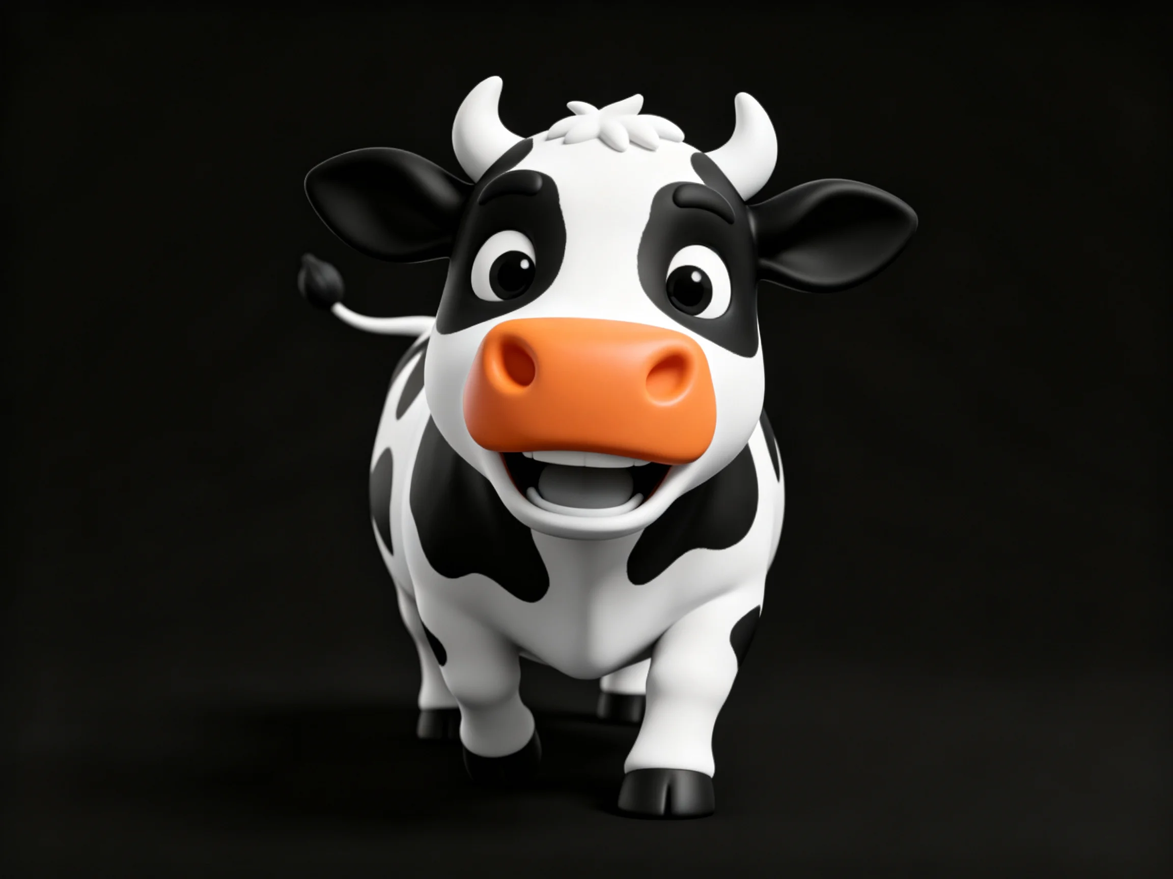 A cheerful cartoon cow with black-and-white patches and an orange snout