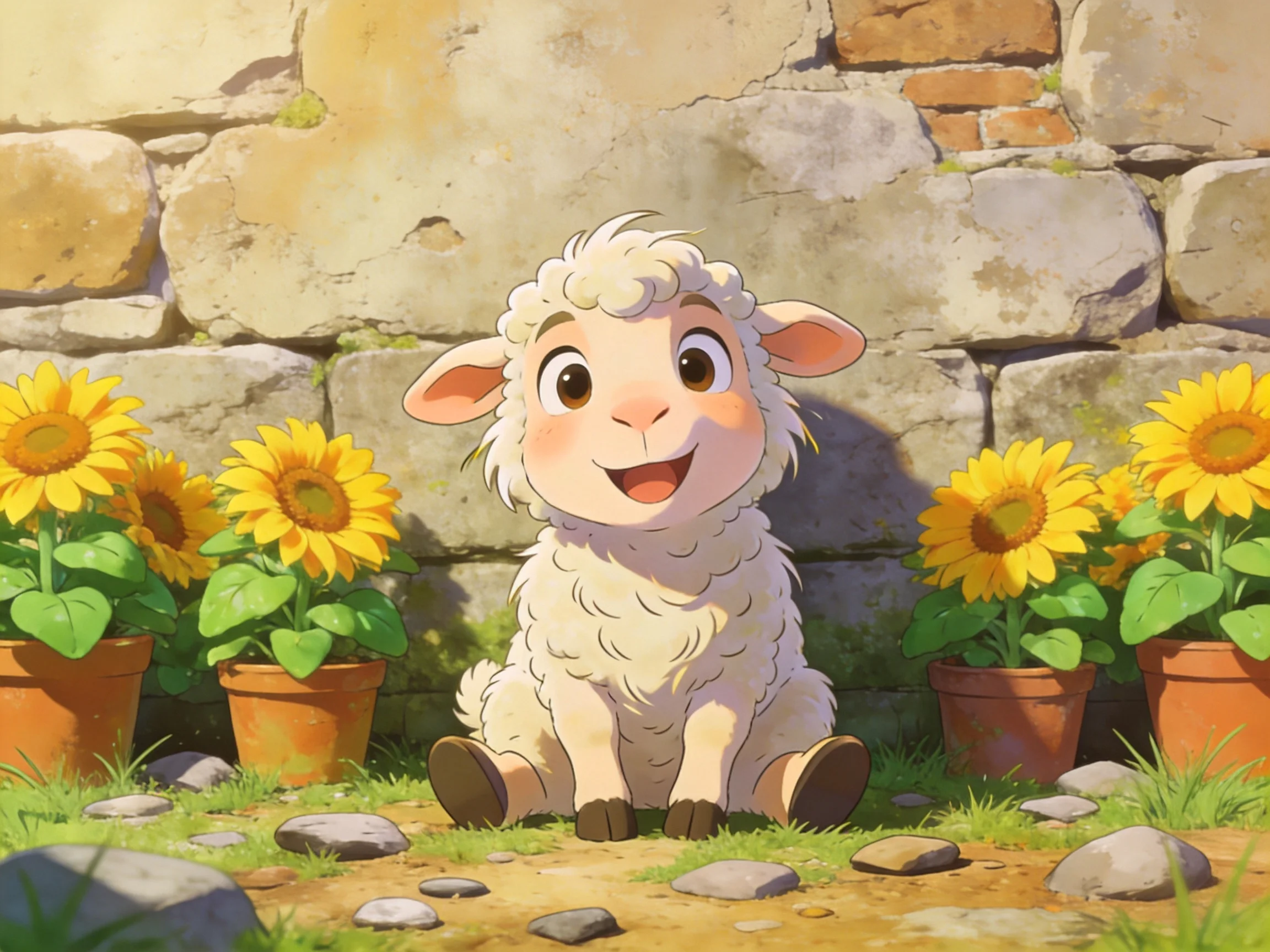 A cheerful lamb sits among four potted sunflowers by a stone wall