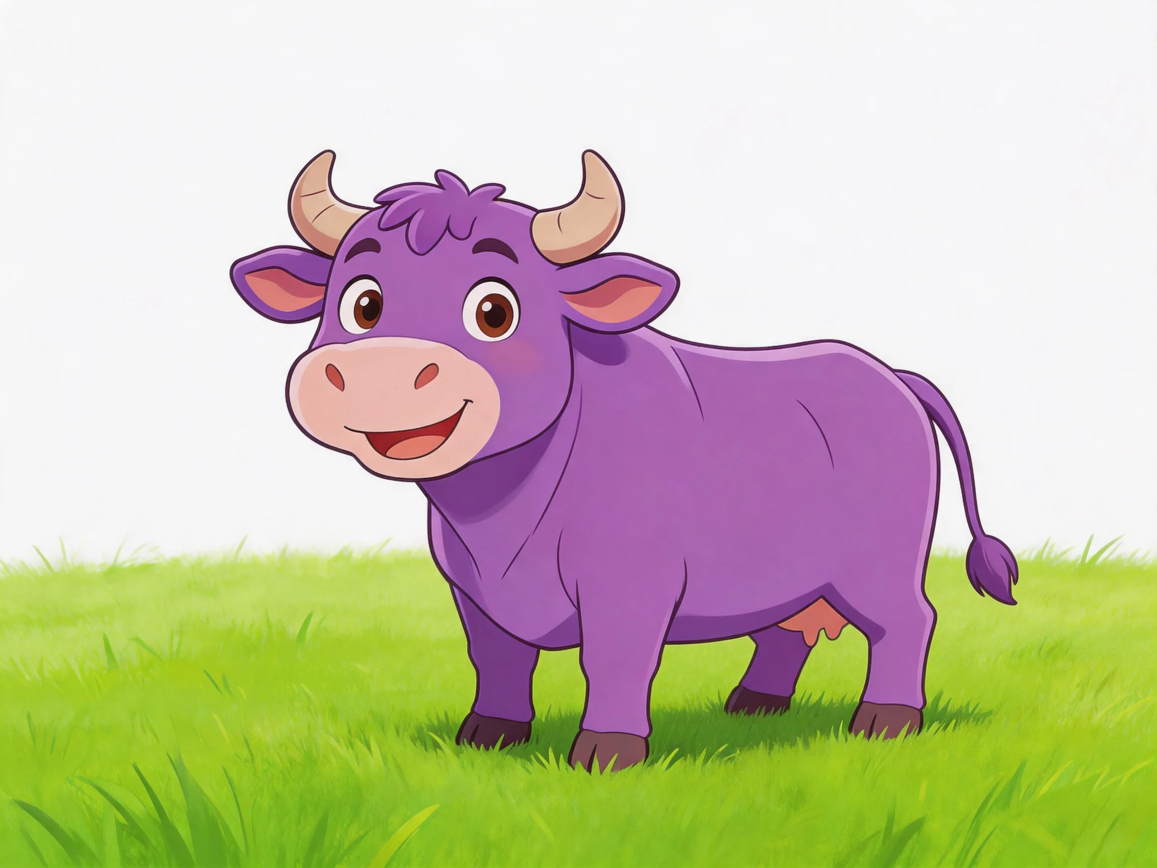 A cheerful purple cartoon cow standing on lush green grass