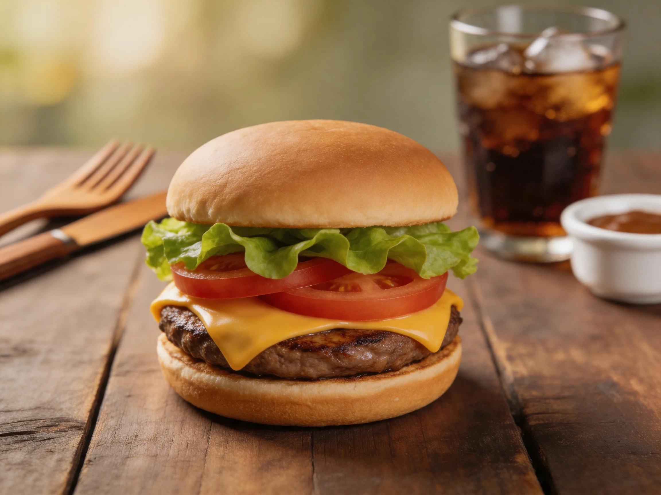 A cheeseburger is displayed on a wooden table alongside a soda glass.