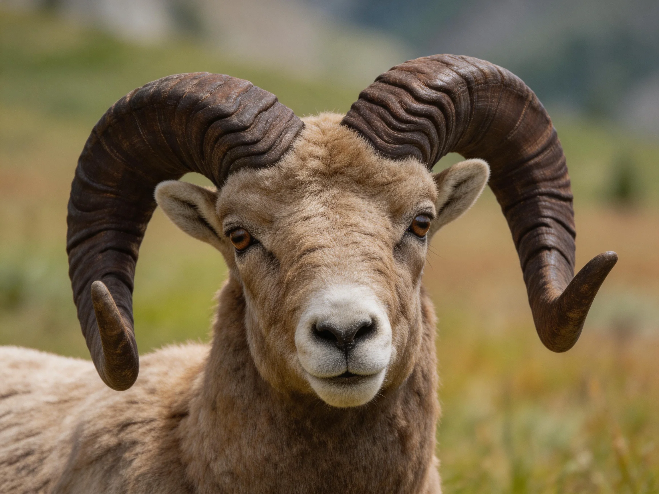 A close-up of a bighorn sheep with massive curved brown horns