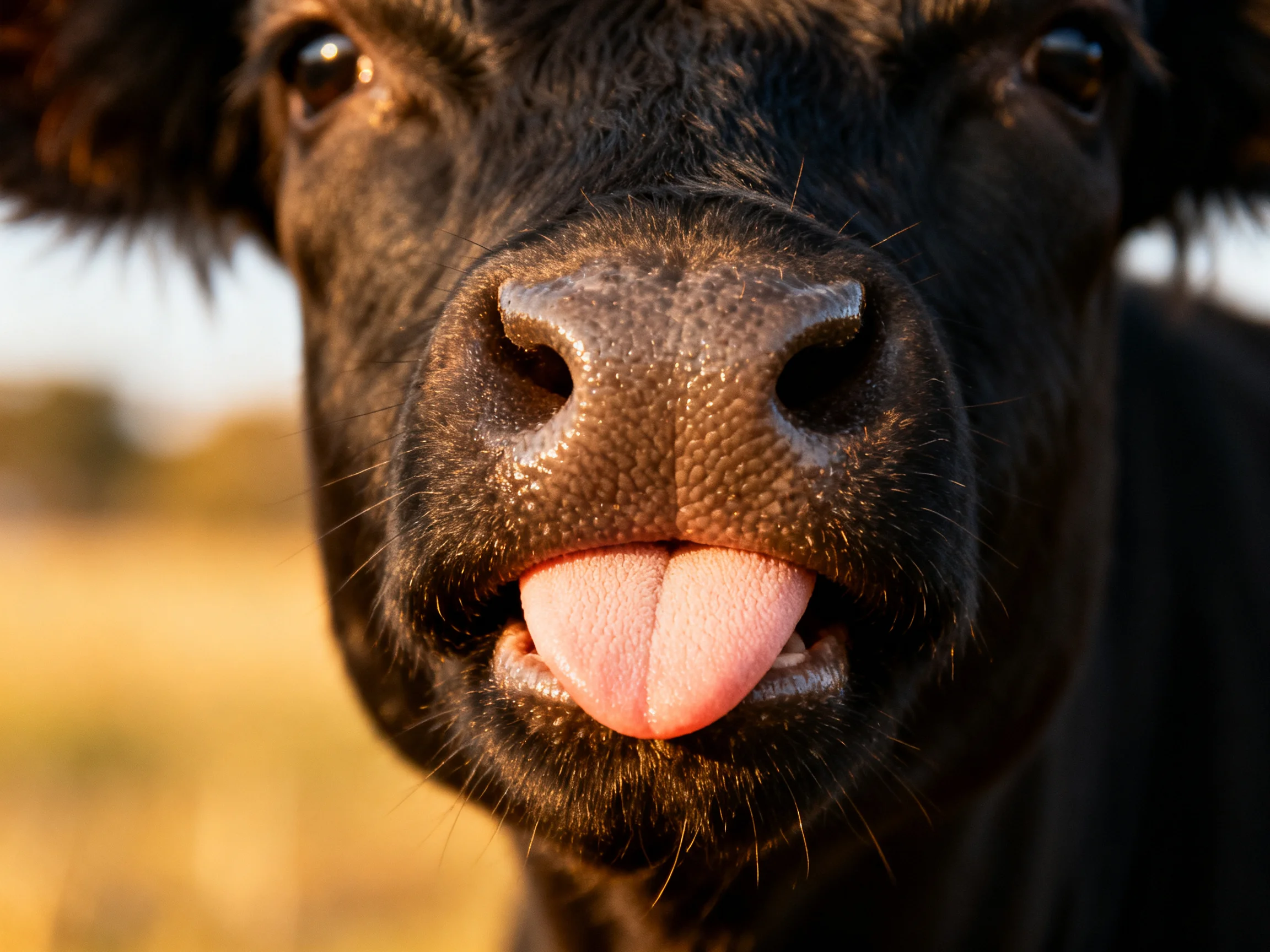 A close - up of a black calf sticking its tongue out in a sunlit field