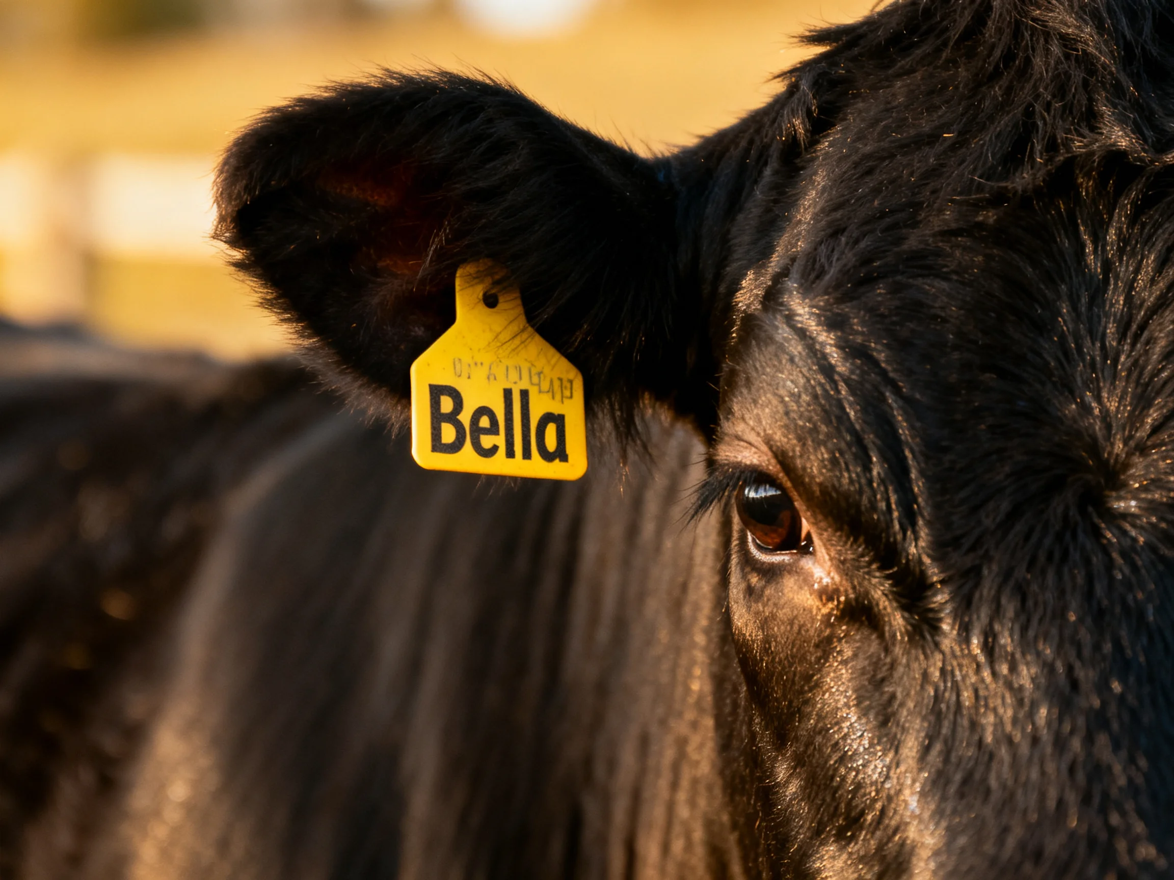 A black cow with a yellow ear tag named Bella is photographed up close.