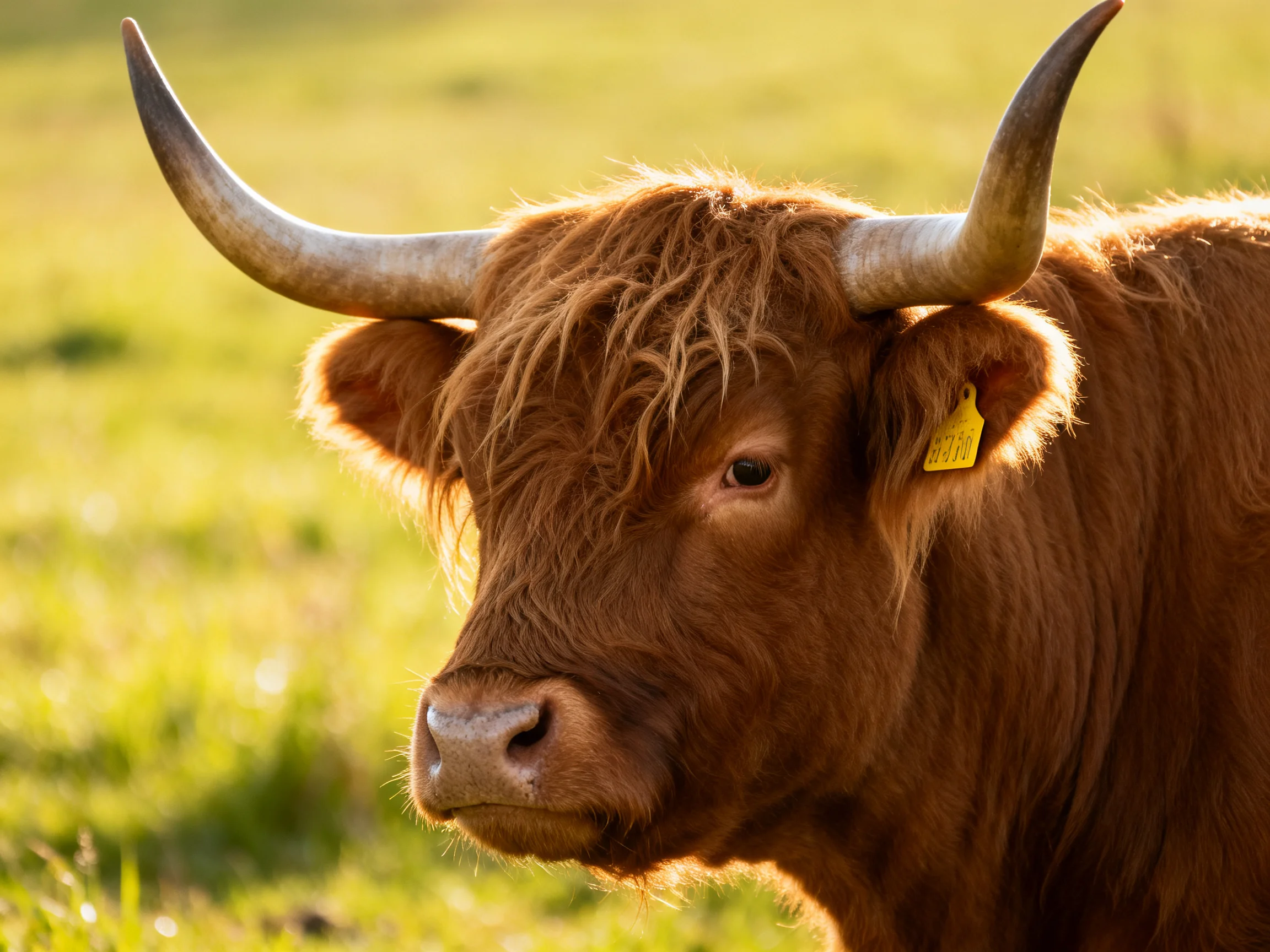 A close-up of a brown Highland cow with large curved horns