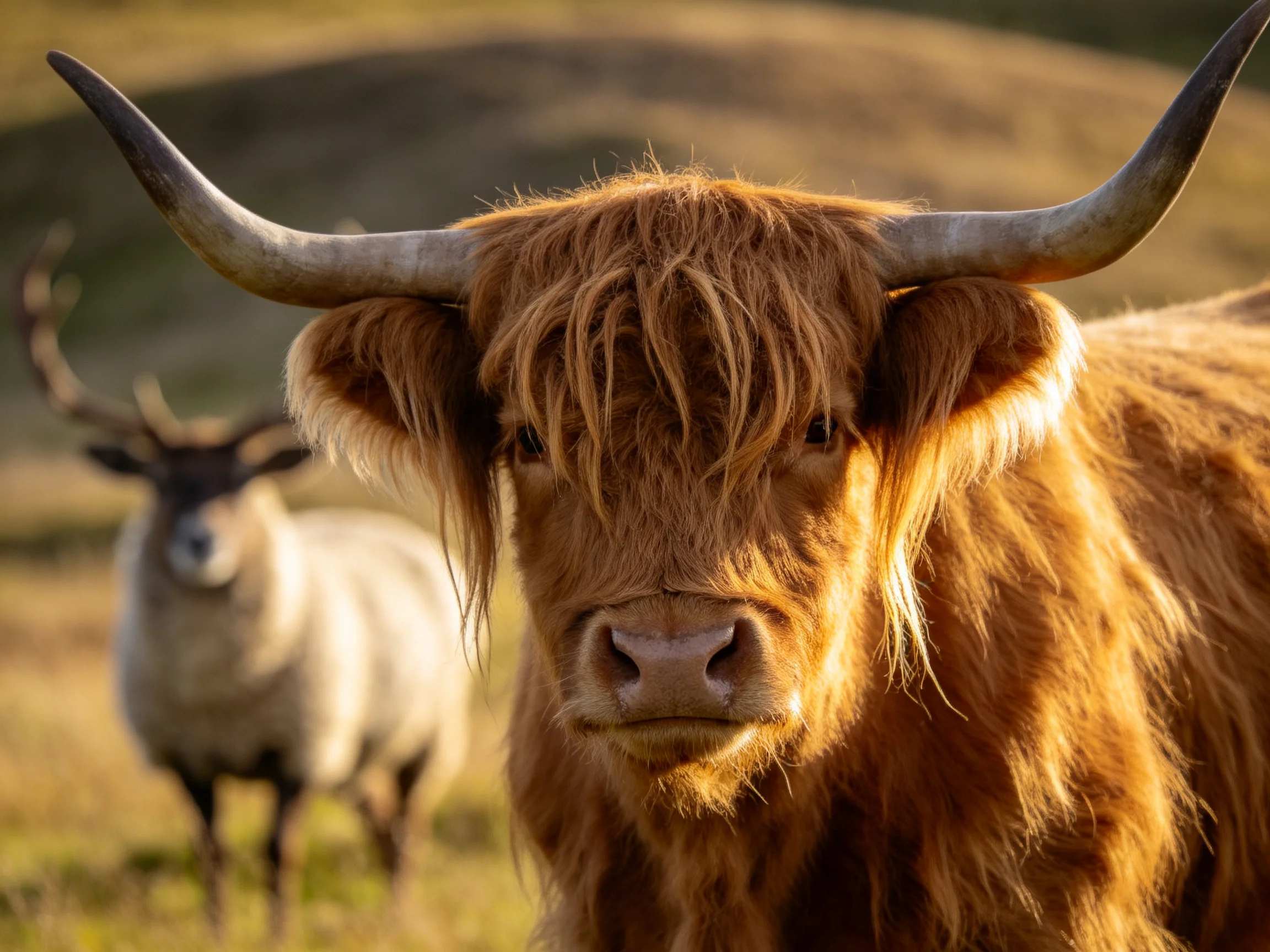 A close - up shows a brown Highland cow with large curved horns next to a white goat in an open field.