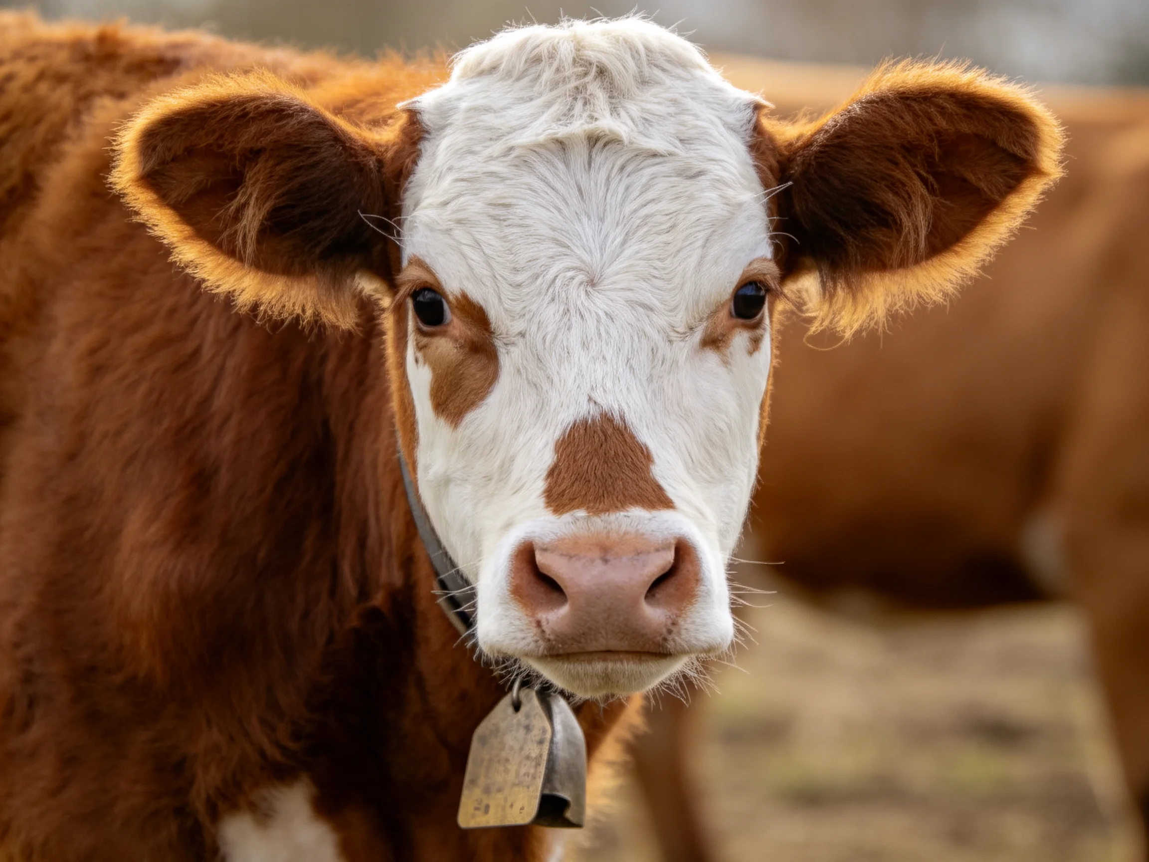A brown and white cow with a bell collar stares directly at the camera