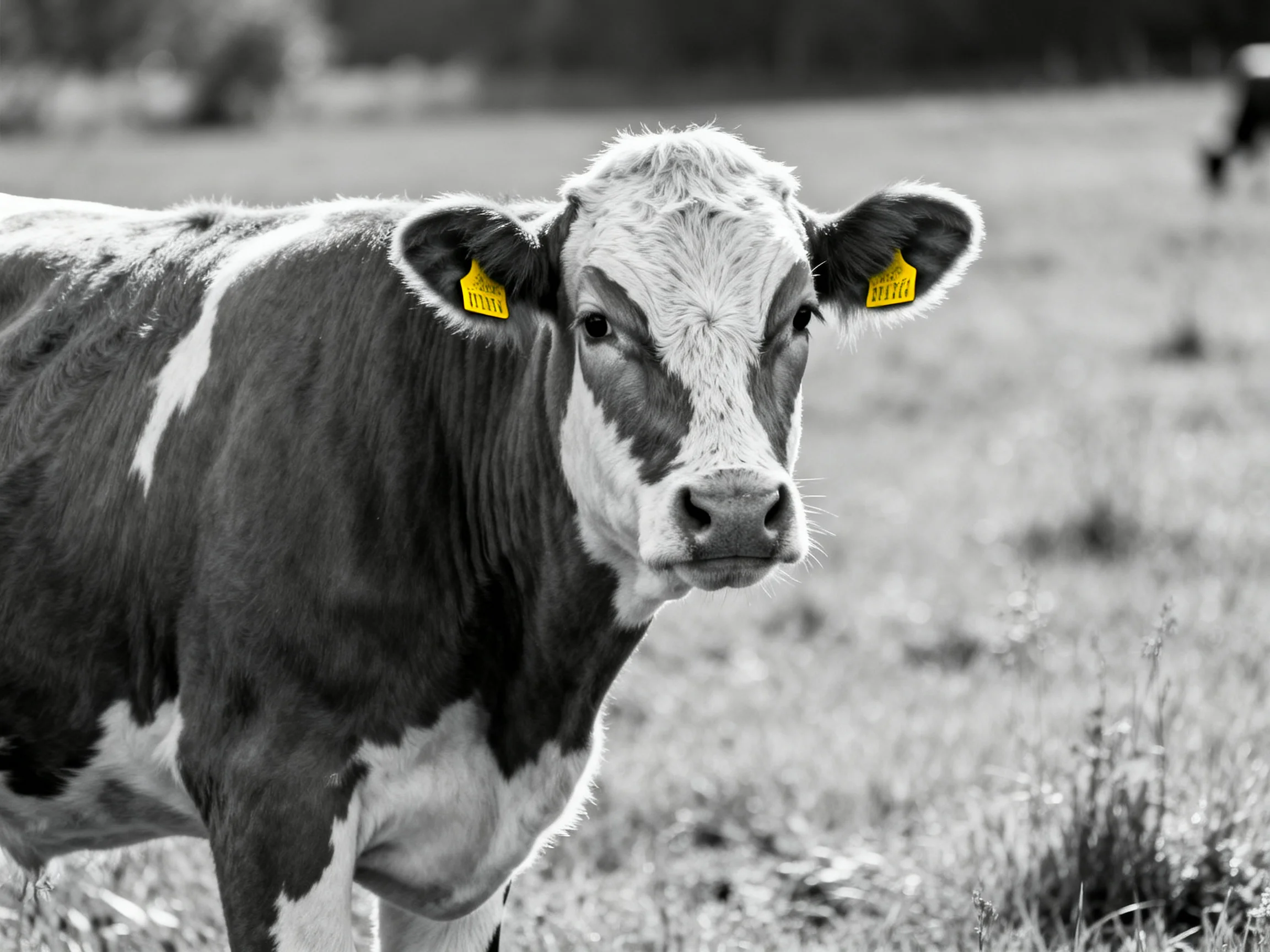 A brown and white cow with yellow ear tags stands in a field.