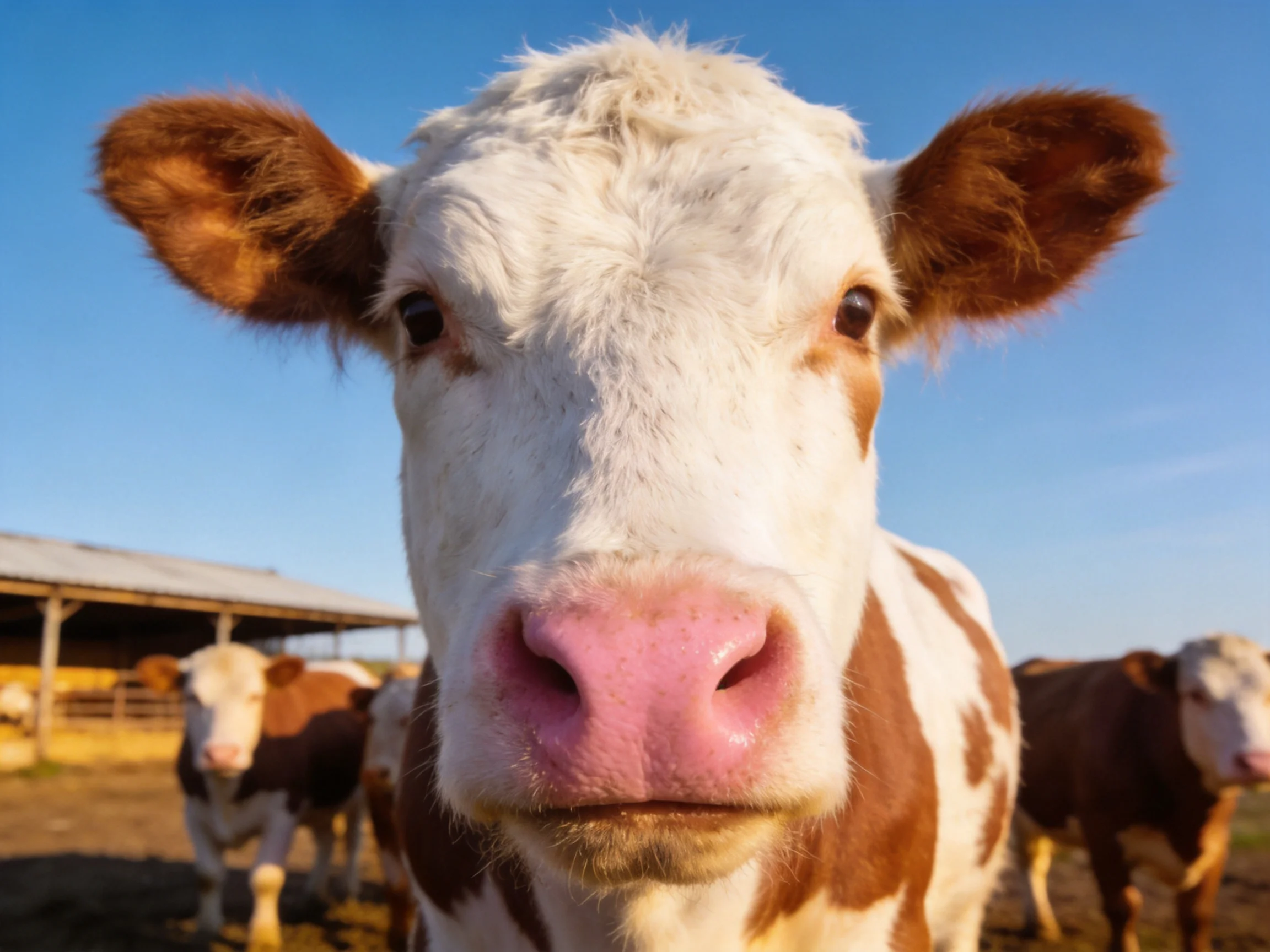 A close - up of a brown and white cow with farm animals and a barn in the background