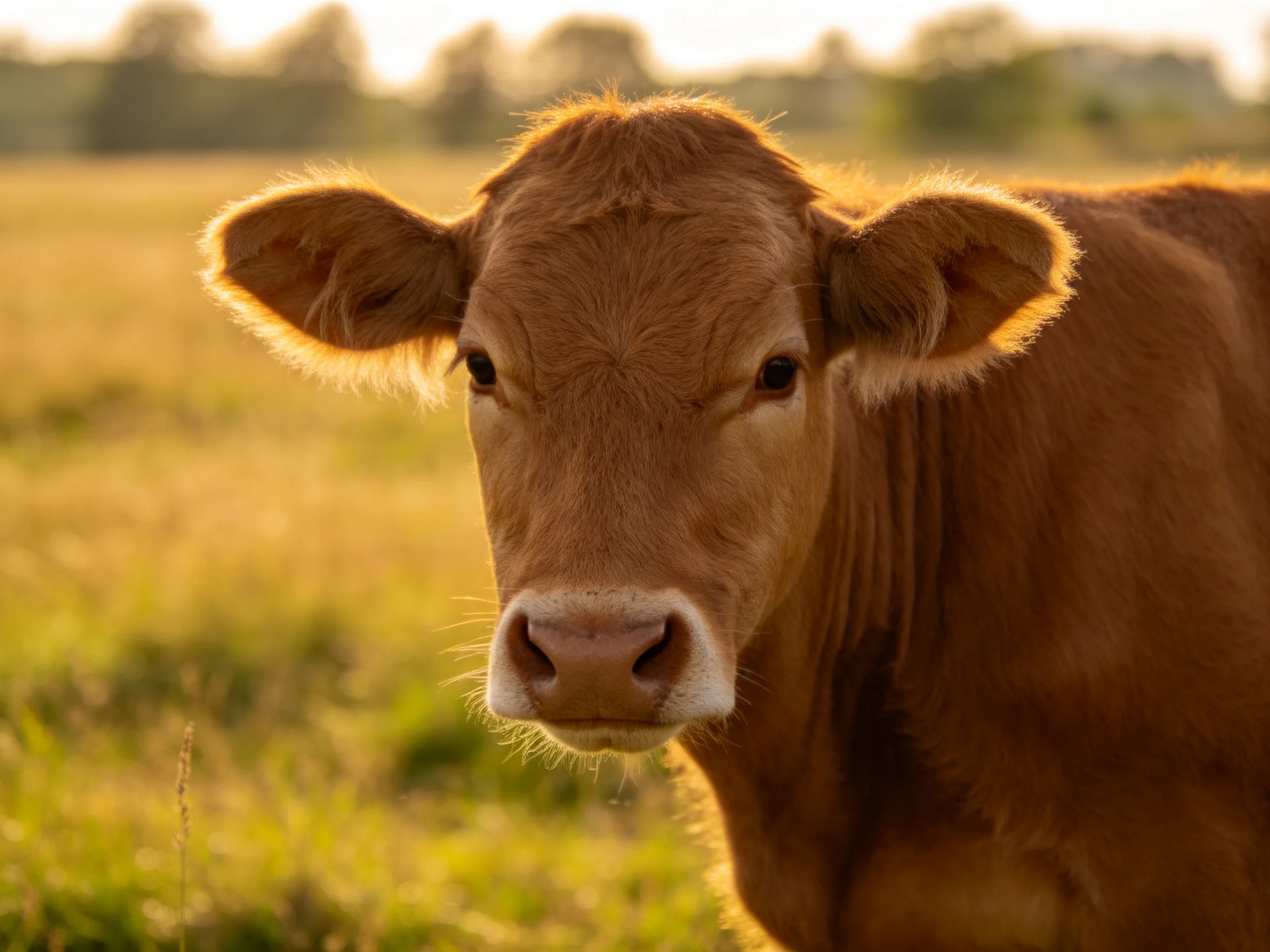 A close - up of a brown calf in a sunlit golden pasture