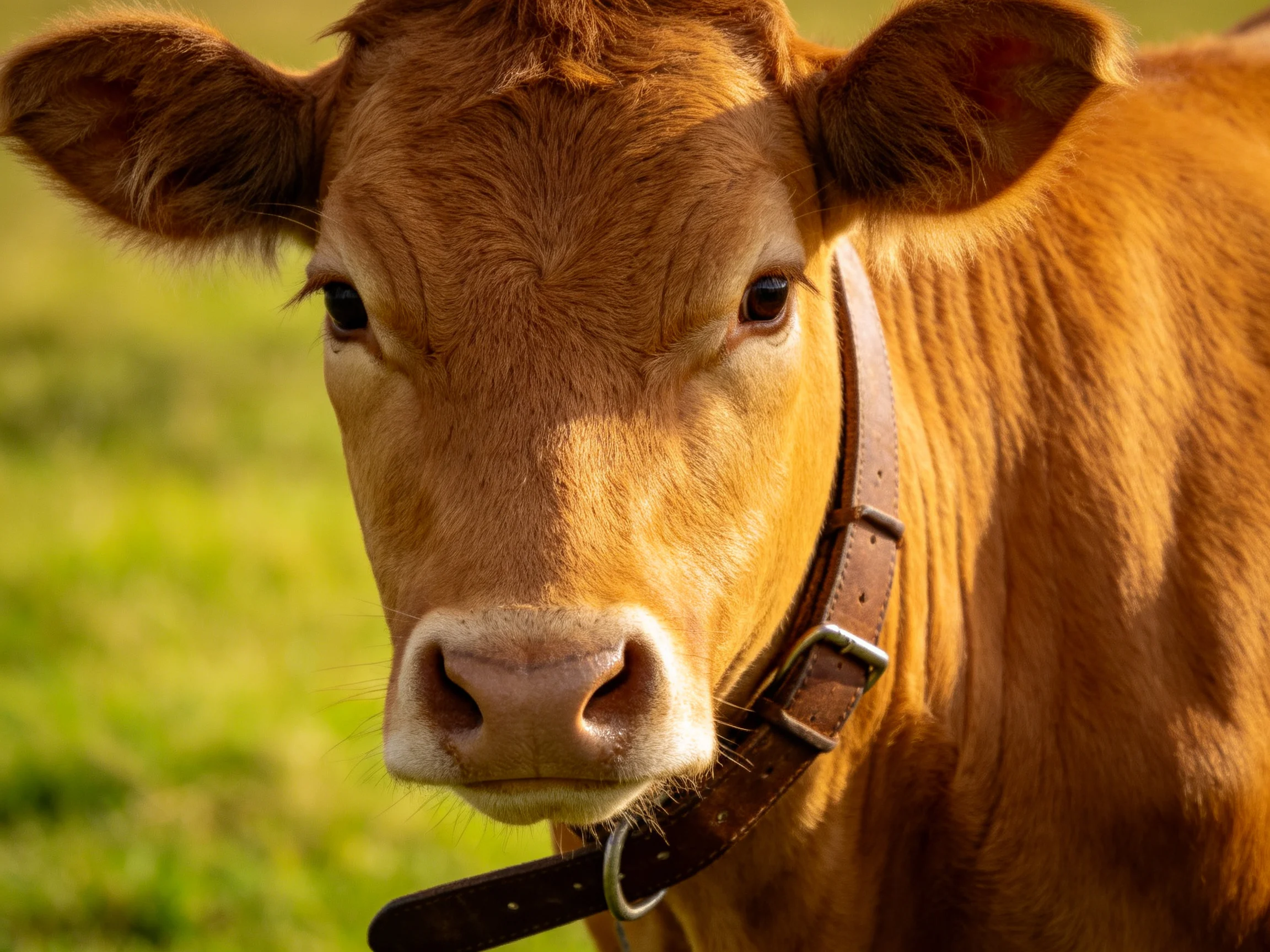 A close - up of a brown calf wearing a leather collar in a green pasture