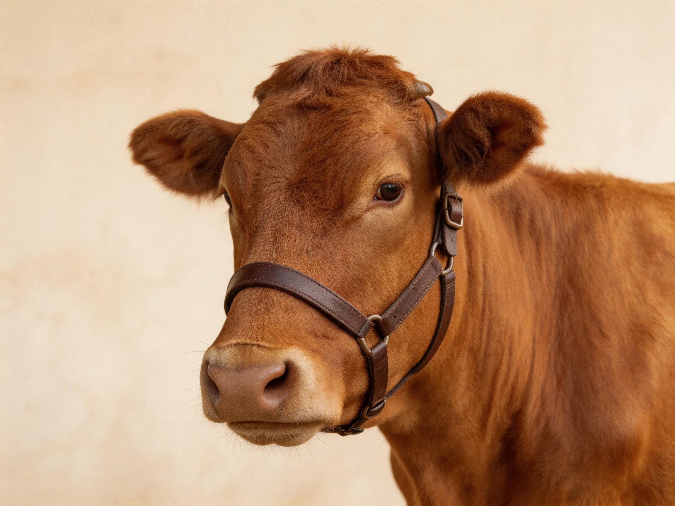 A close - up of a brown calf with a dark leather halter
