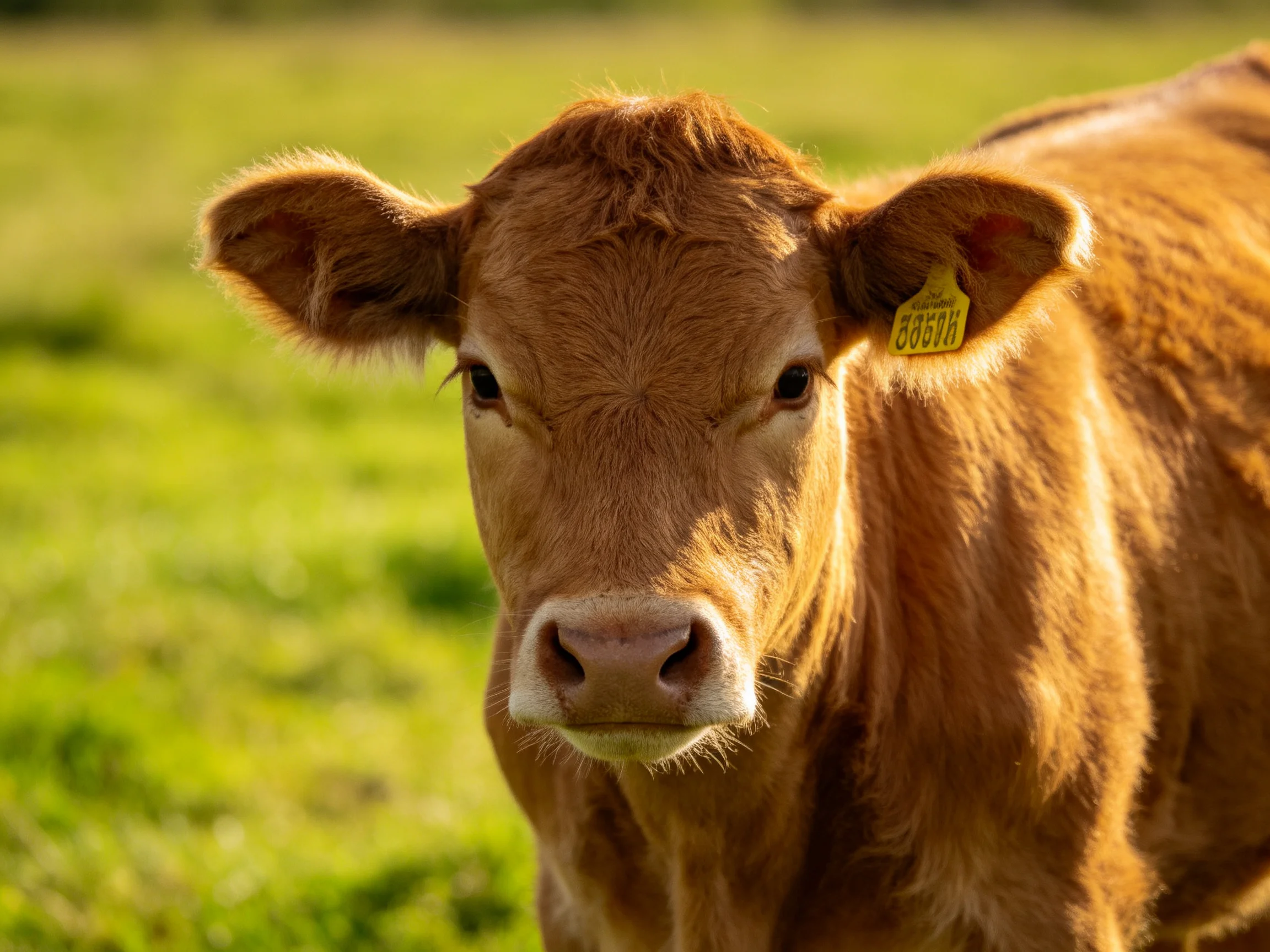 A close - up of a brown calf with an ear tag in a sunlit meadow