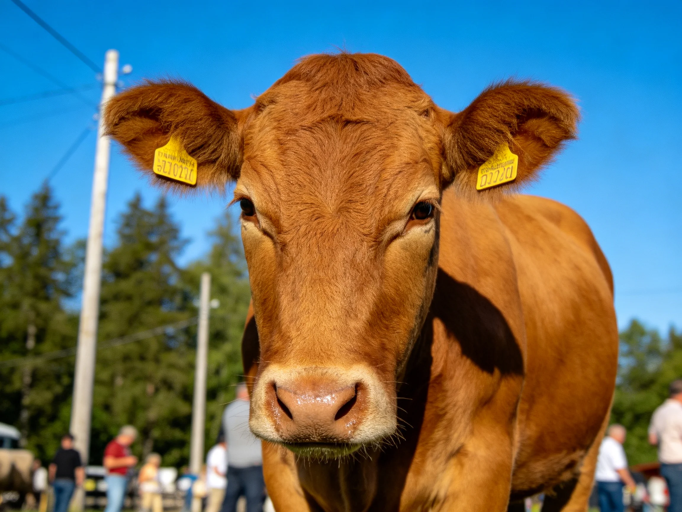 A close - up of a brown calf with yellow ear tags